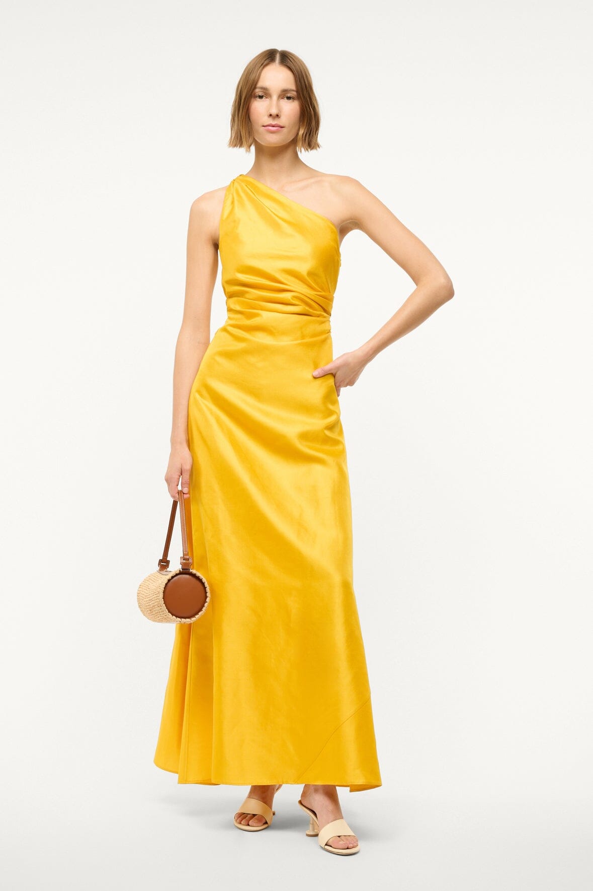 Silk One-Shoulder Maxi Dress with Draped Bodice | Este Sunset Gold
