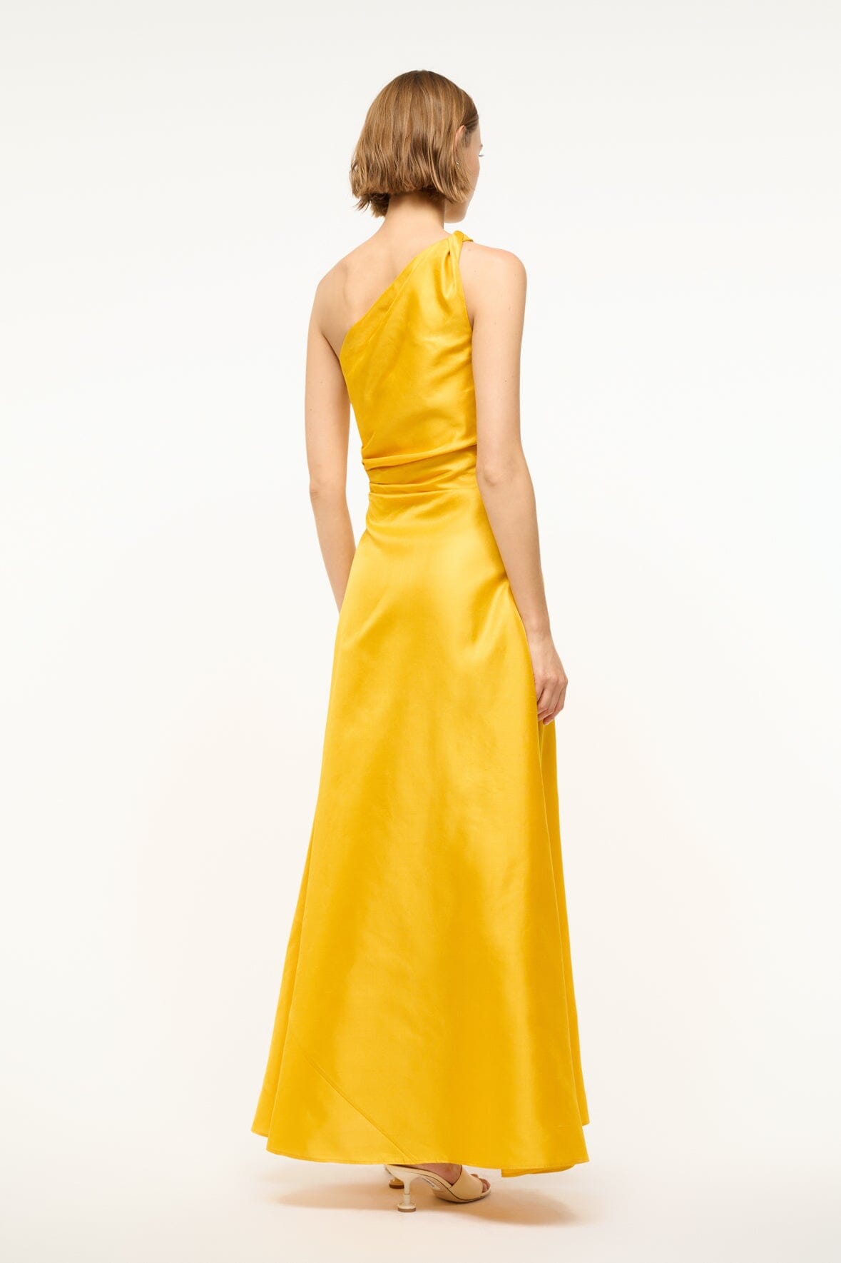 Silk One-Shoulder Maxi Dress with Draped Bodice | Este Sunset Gold