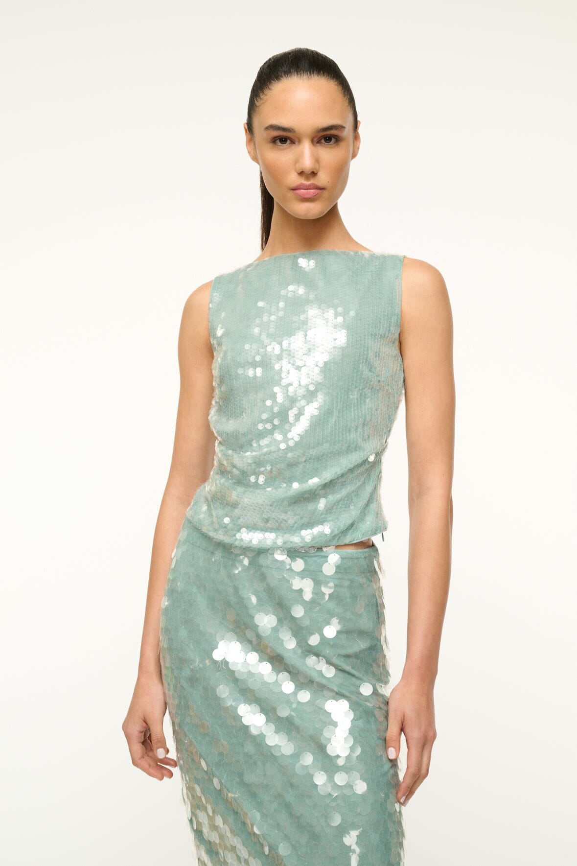 Sequin Boatneck Top with Asymmetric Draping | Eton Mist