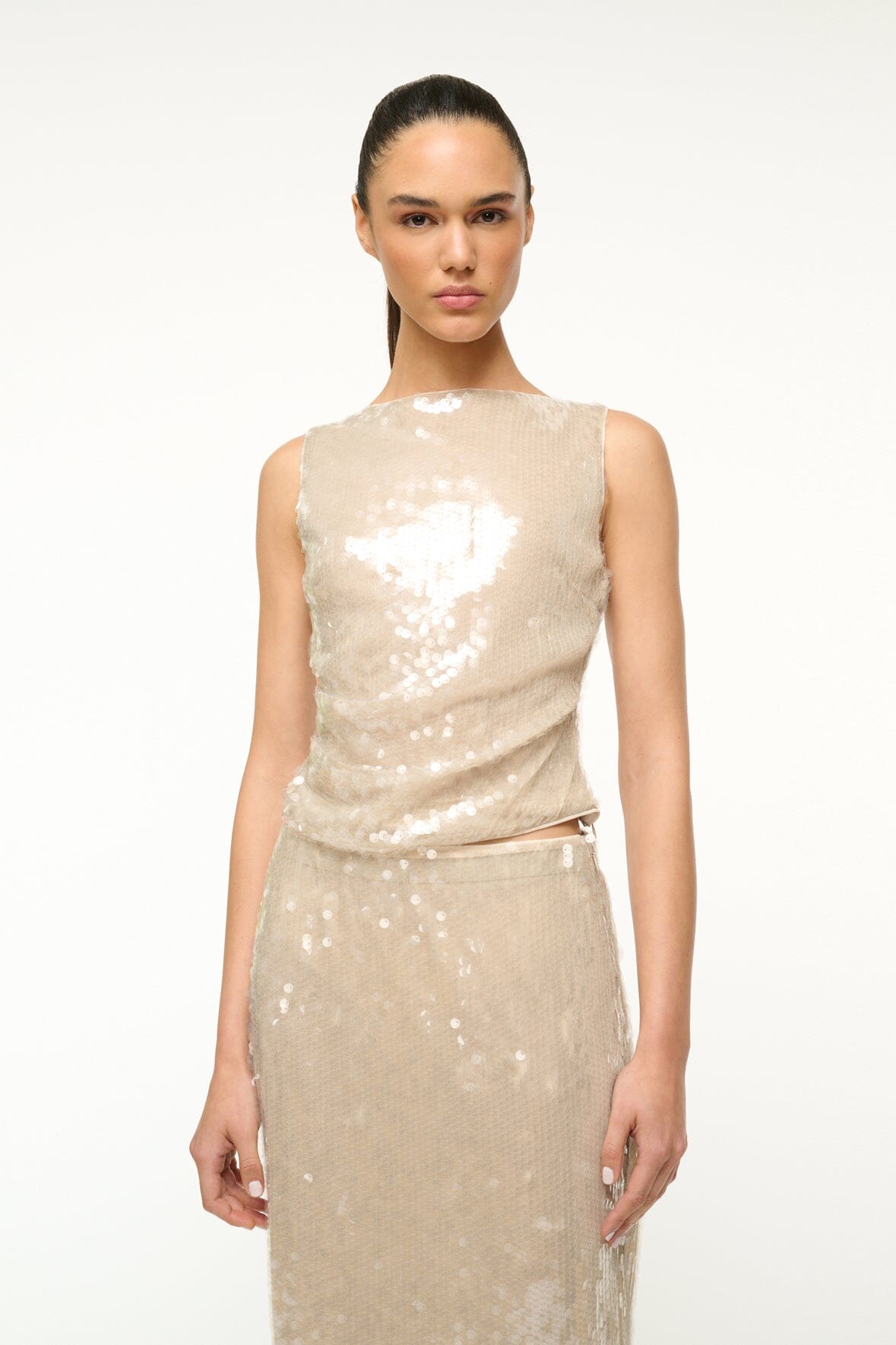 Sequin Boatneck Top with Asymmetric Draping | Eton Moon