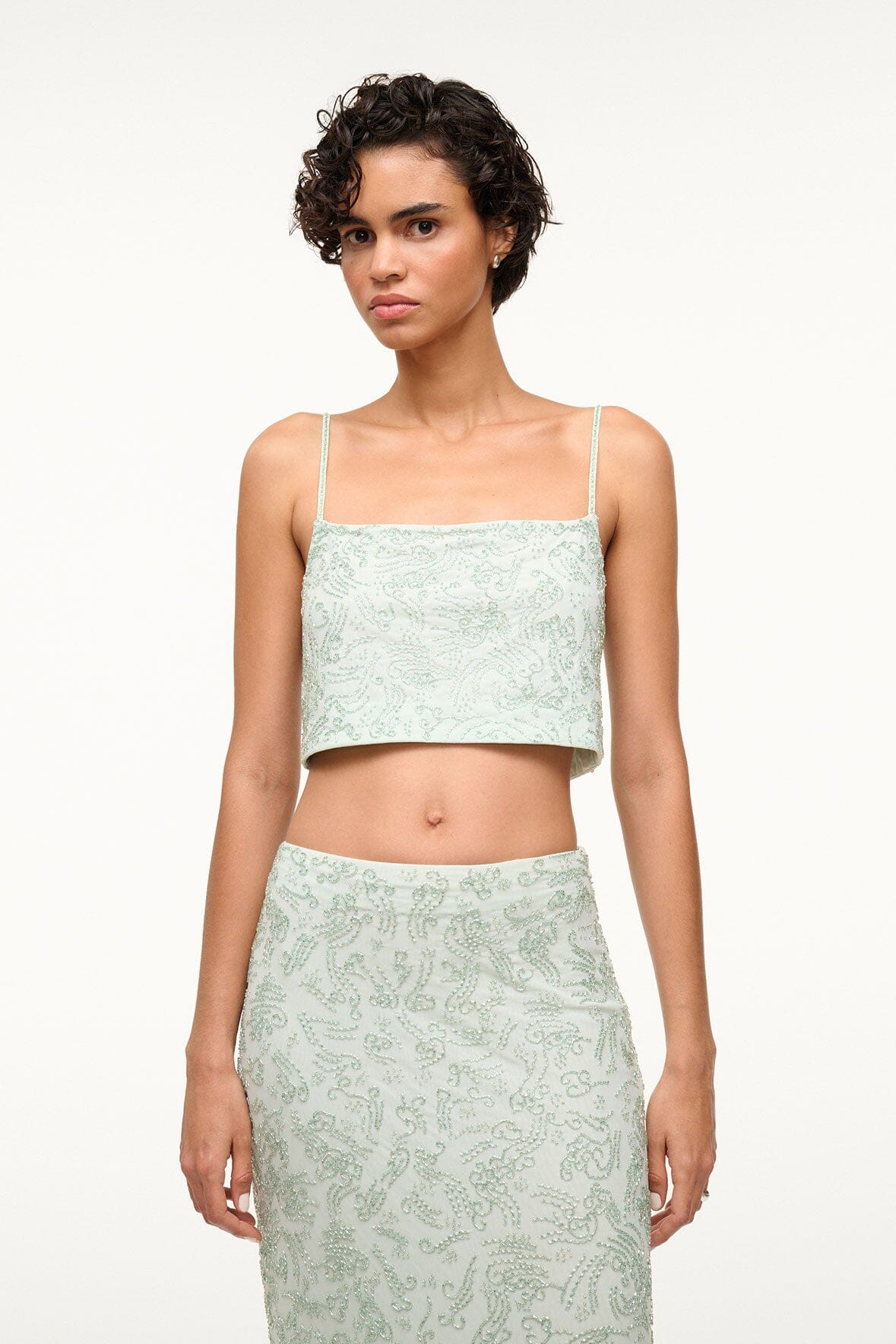 Hand-Beaded Cropped Mesh Top with Adjustable Straps | Fermo
