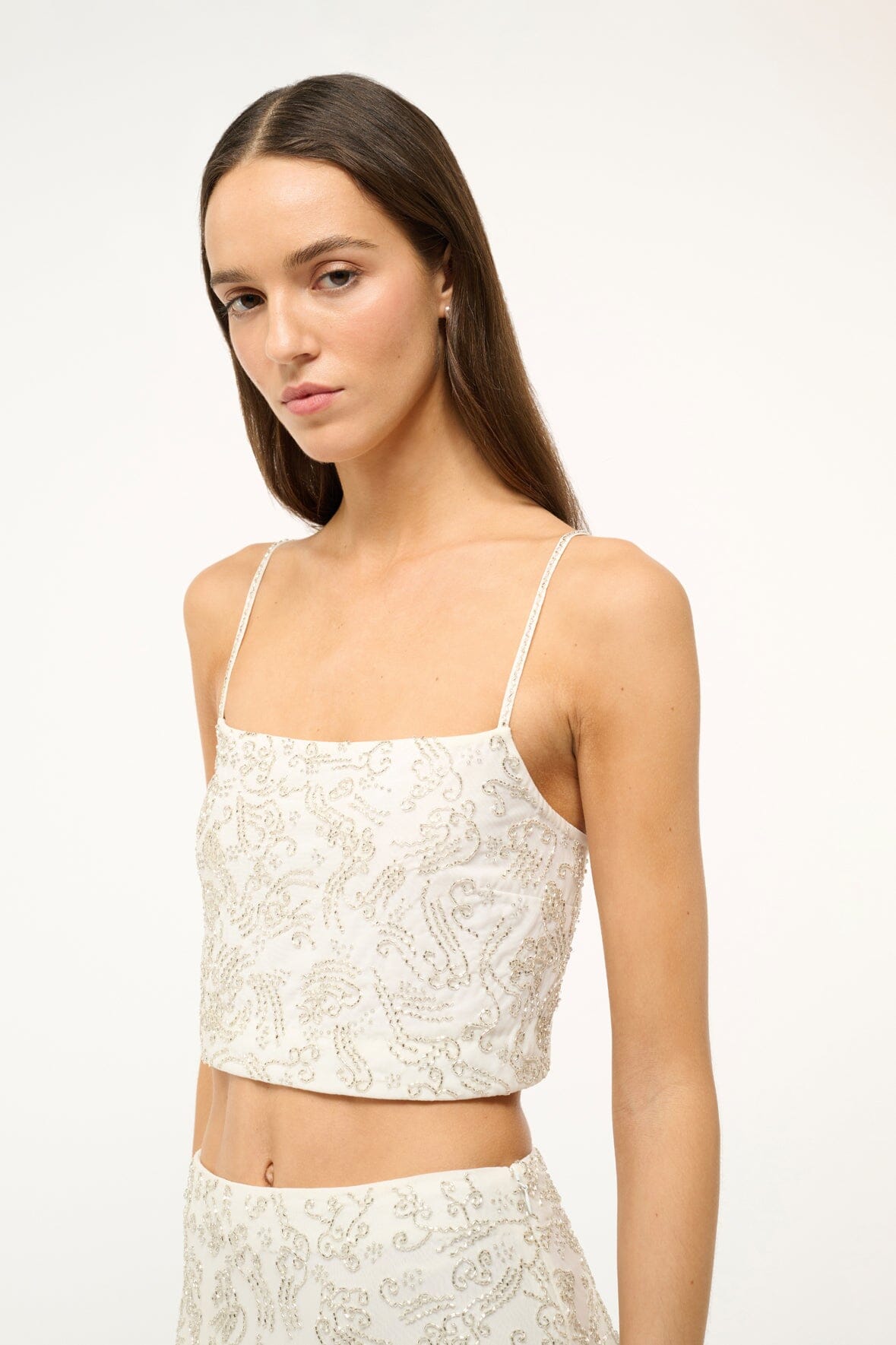 Hand-Beaded Cropped Mesh Top with Adjustable Straps | Fermo Ivory