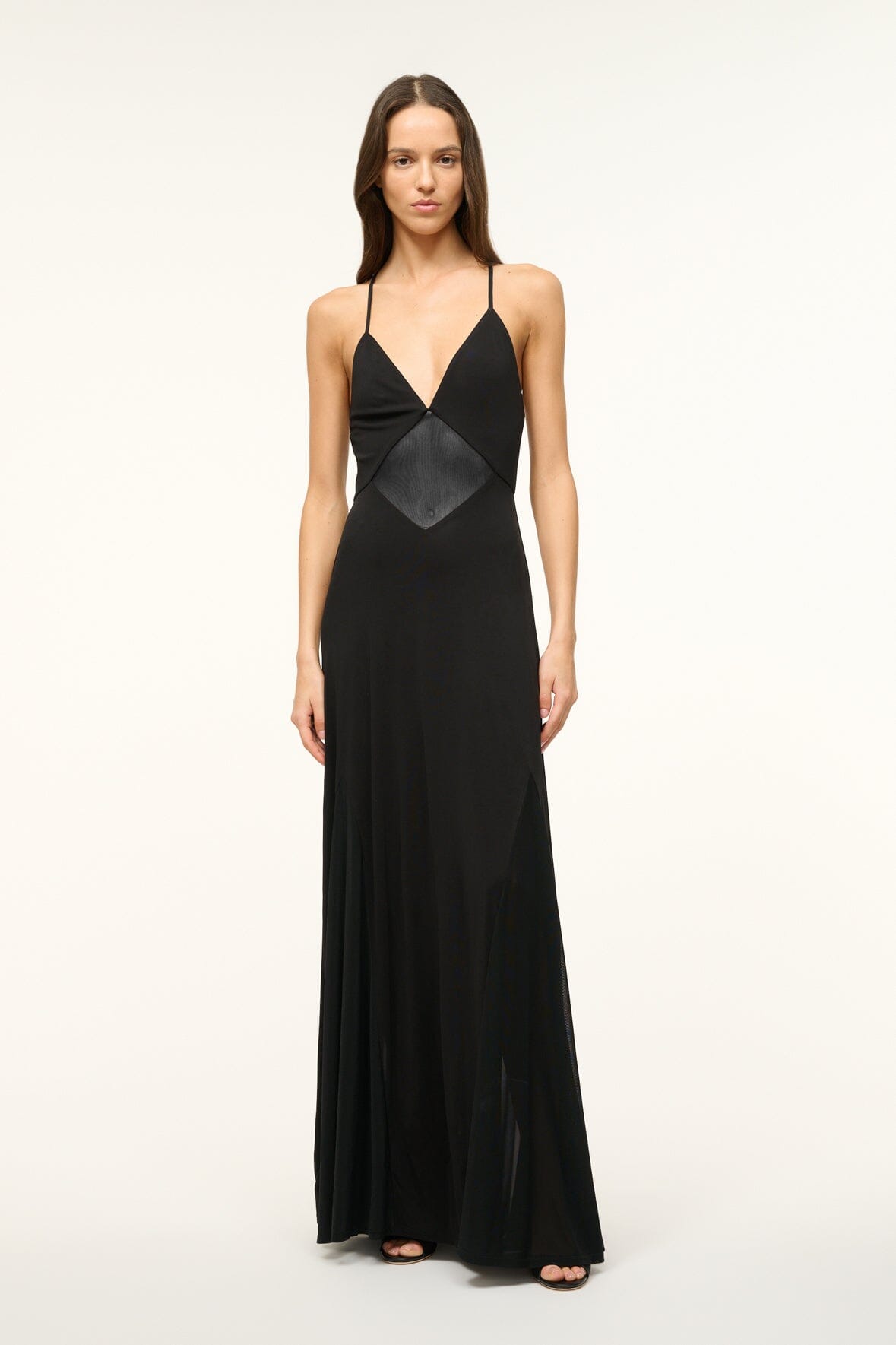 V-Neck Maxi Dress with Mesh Panels & Criss-Cross Back | Fleur