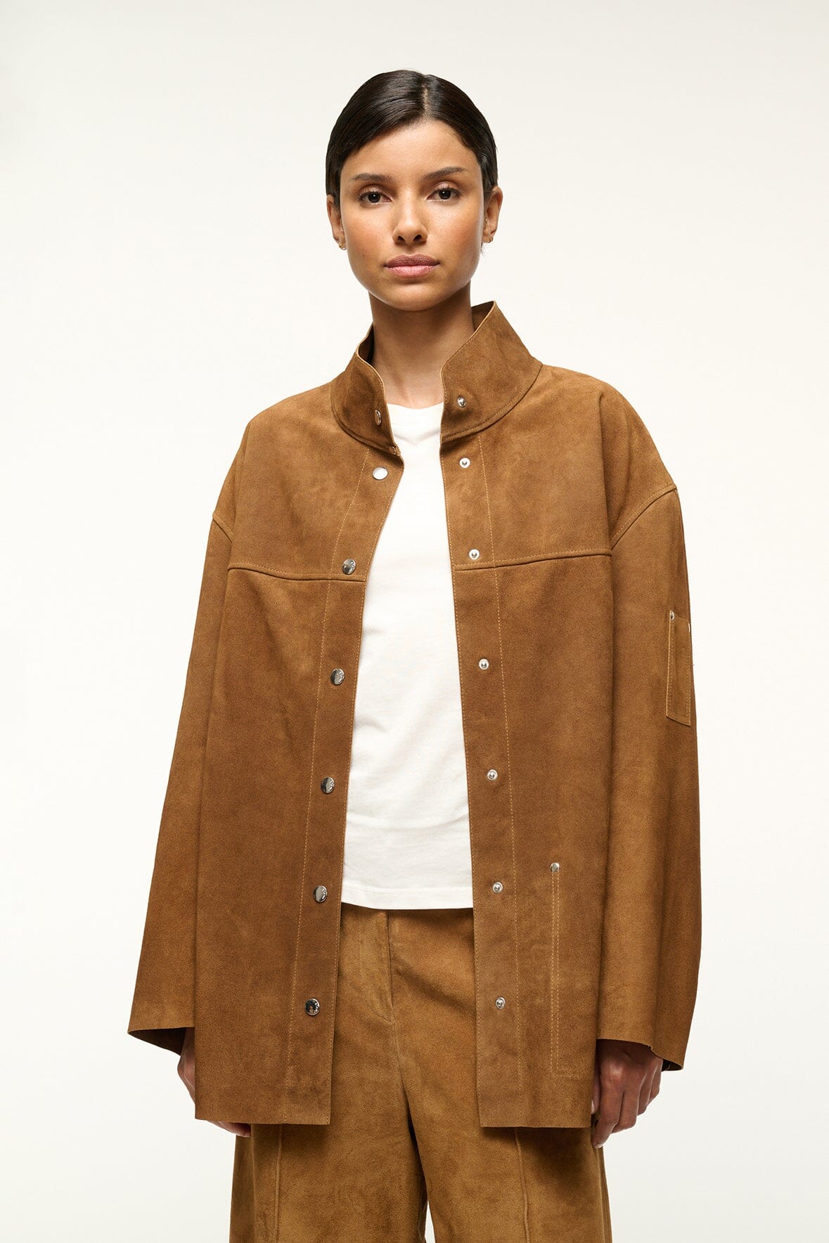 Oversized Suede Jacket with Standing Collar | Foundation Tan