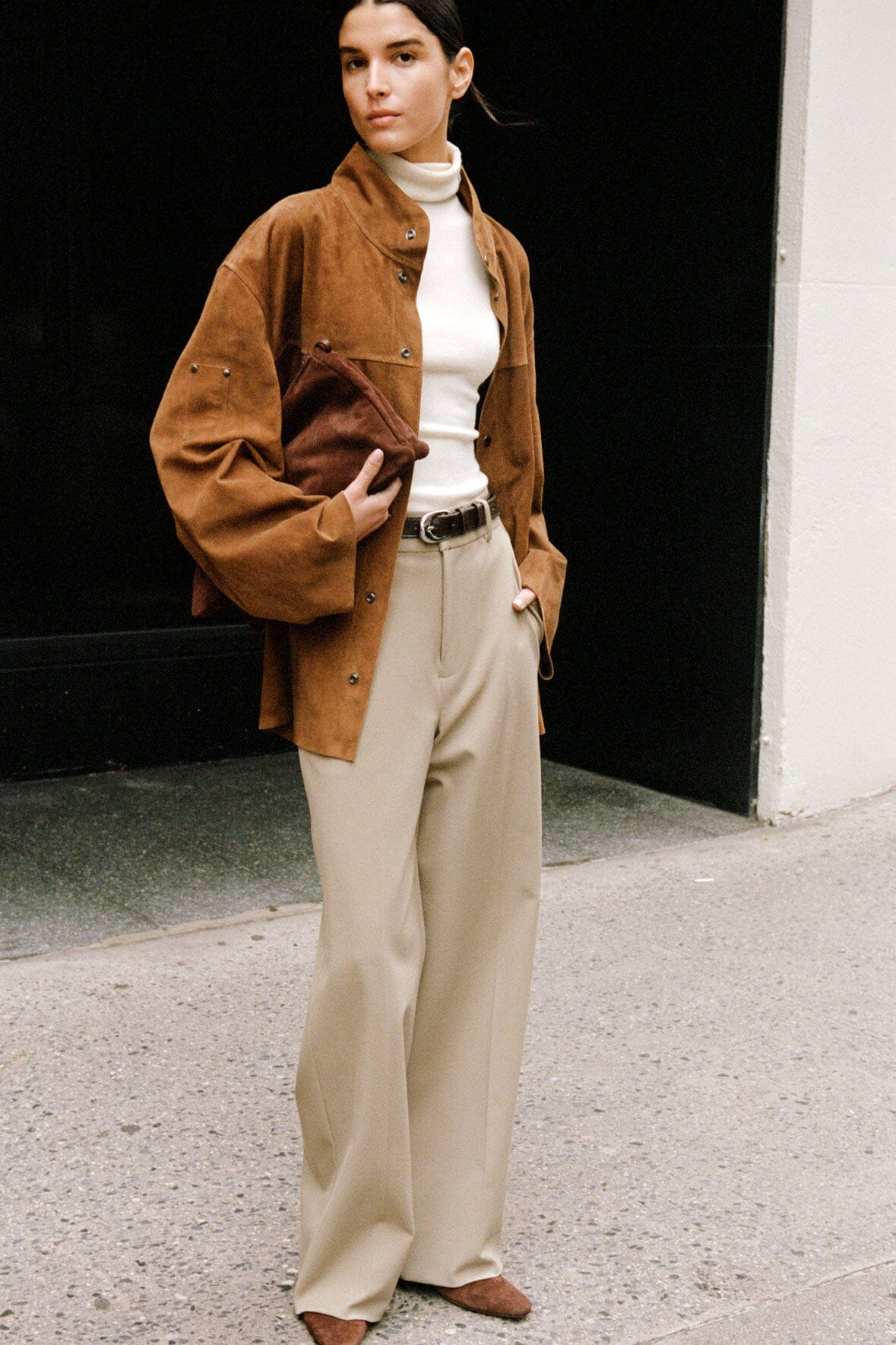 Oversized Suede Jacket with Standing Collar | Foundation Tan