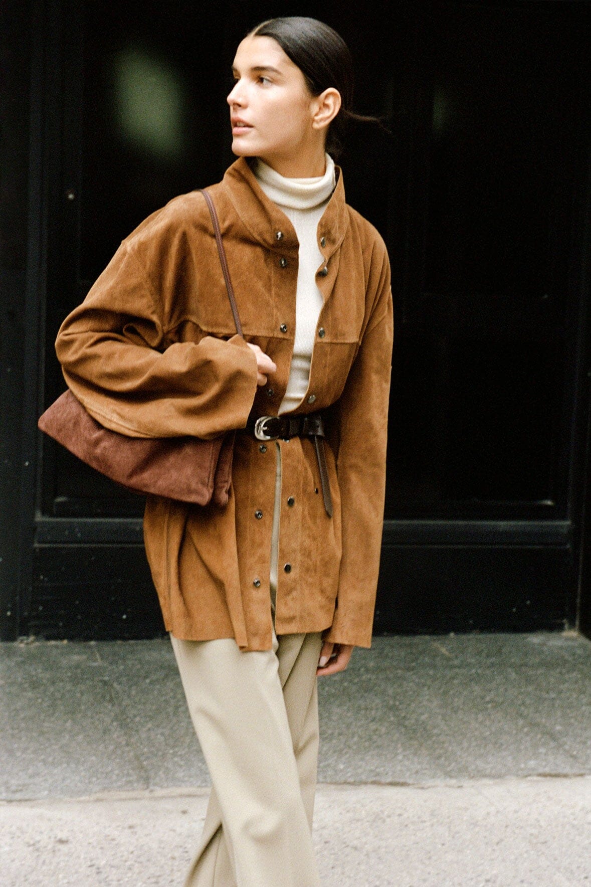 Oversized Suede Jacket with Standing Collar | Foundation Tan