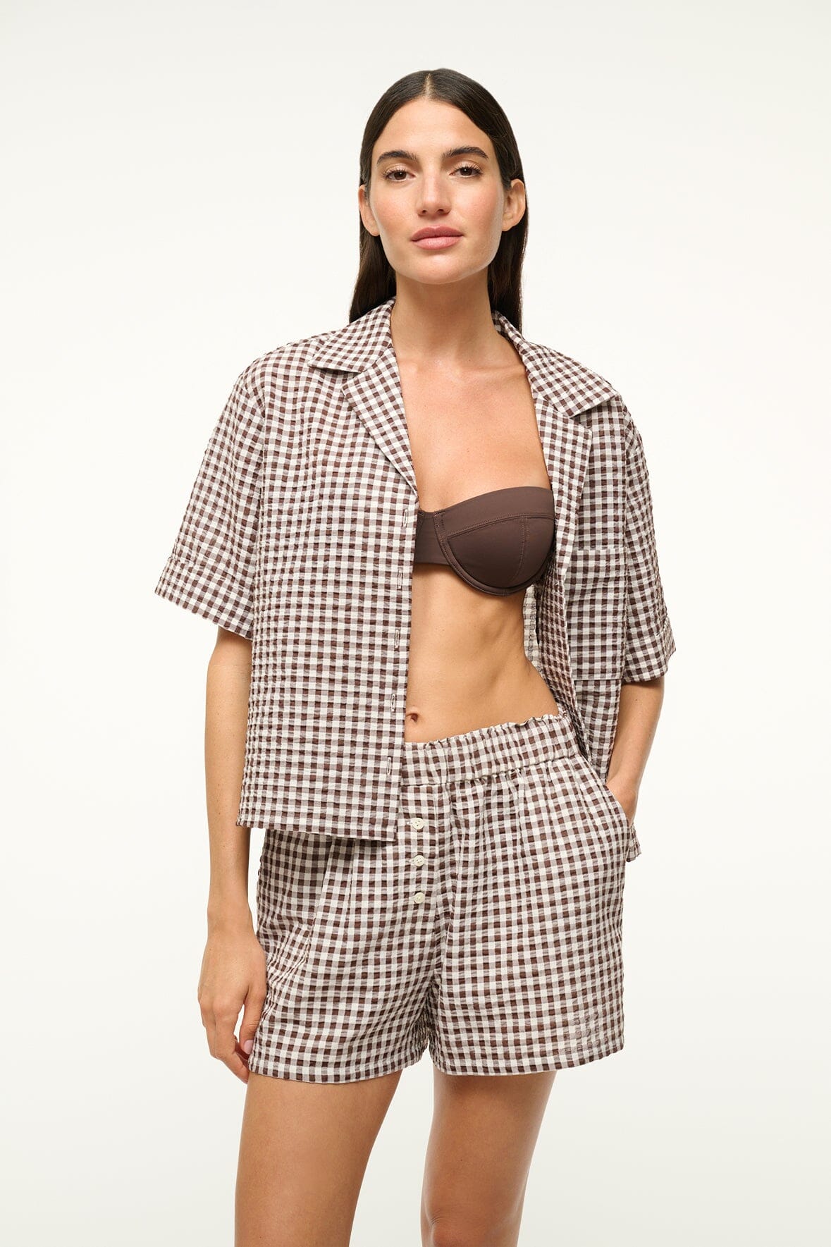 Seersucker Button Down Shirt with Front Pocket | Gabi Shirt Dark Chocolate Gingham