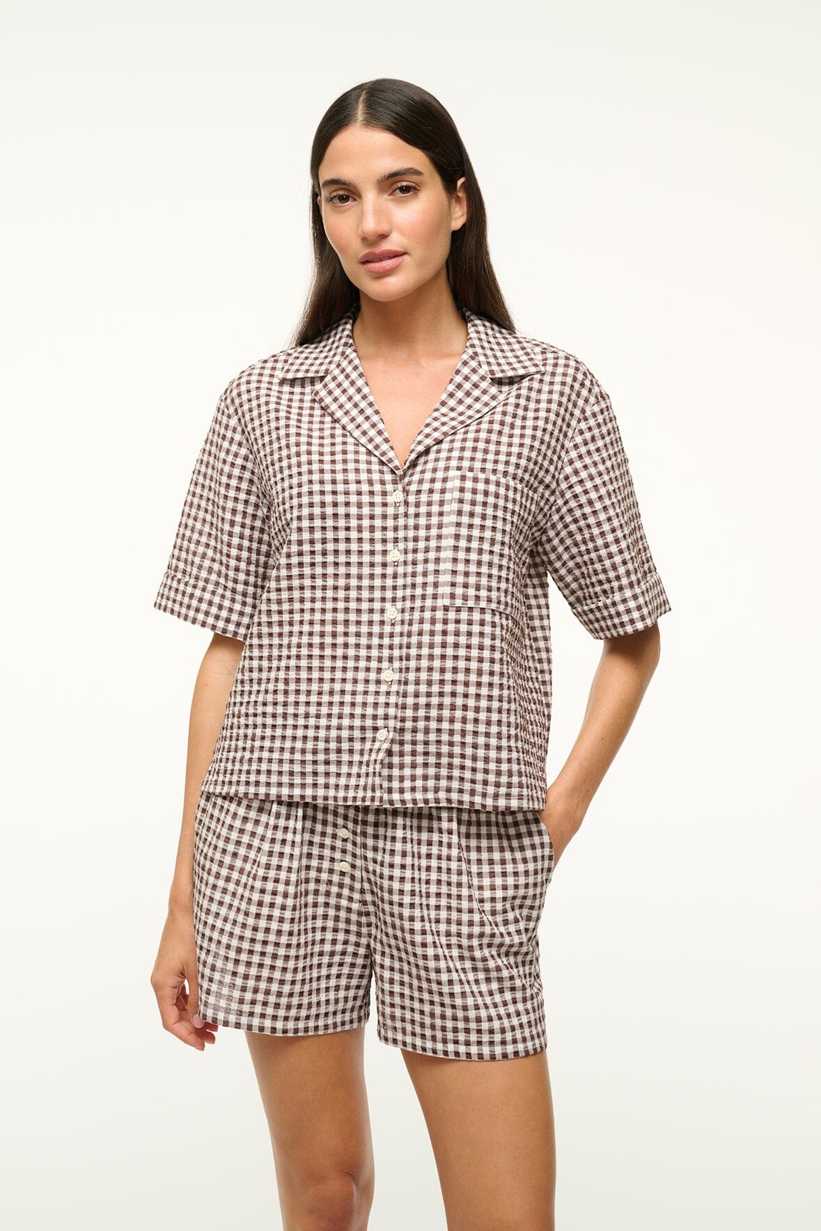 Seersucker Button Down Shirt with Front Pocket | Gabi Shirt Dark Chocolate Gingham
