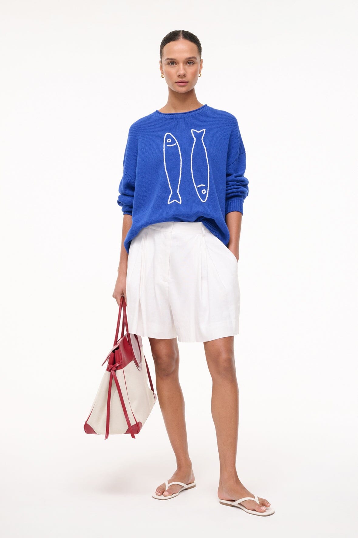 Lightweight Cotton Blend Sweater with Sardine Embroidery | Giada Pier Blue