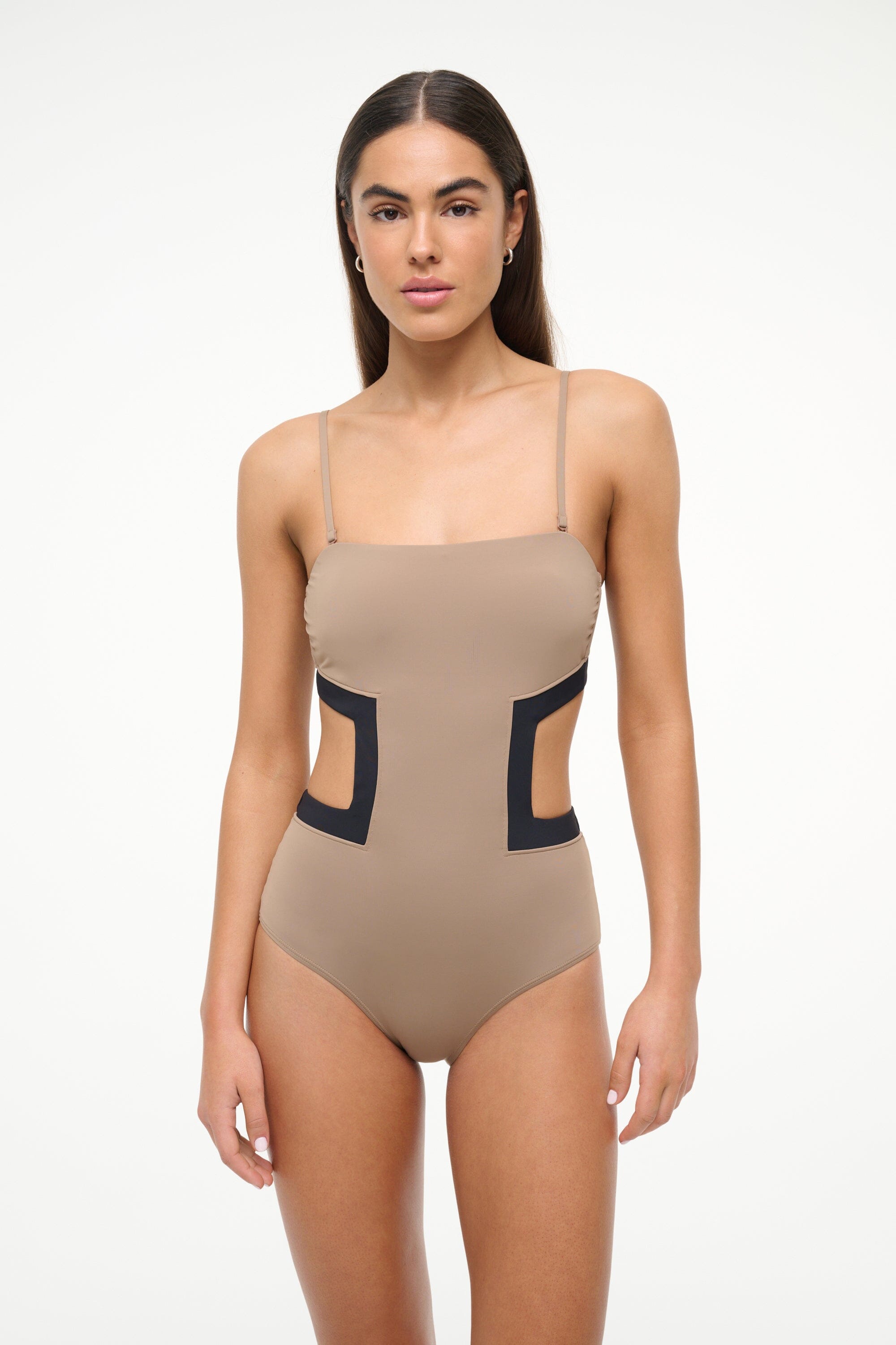 One Piece Swimsuit with Geometric Cut-Outs | Haiku Taupe Black