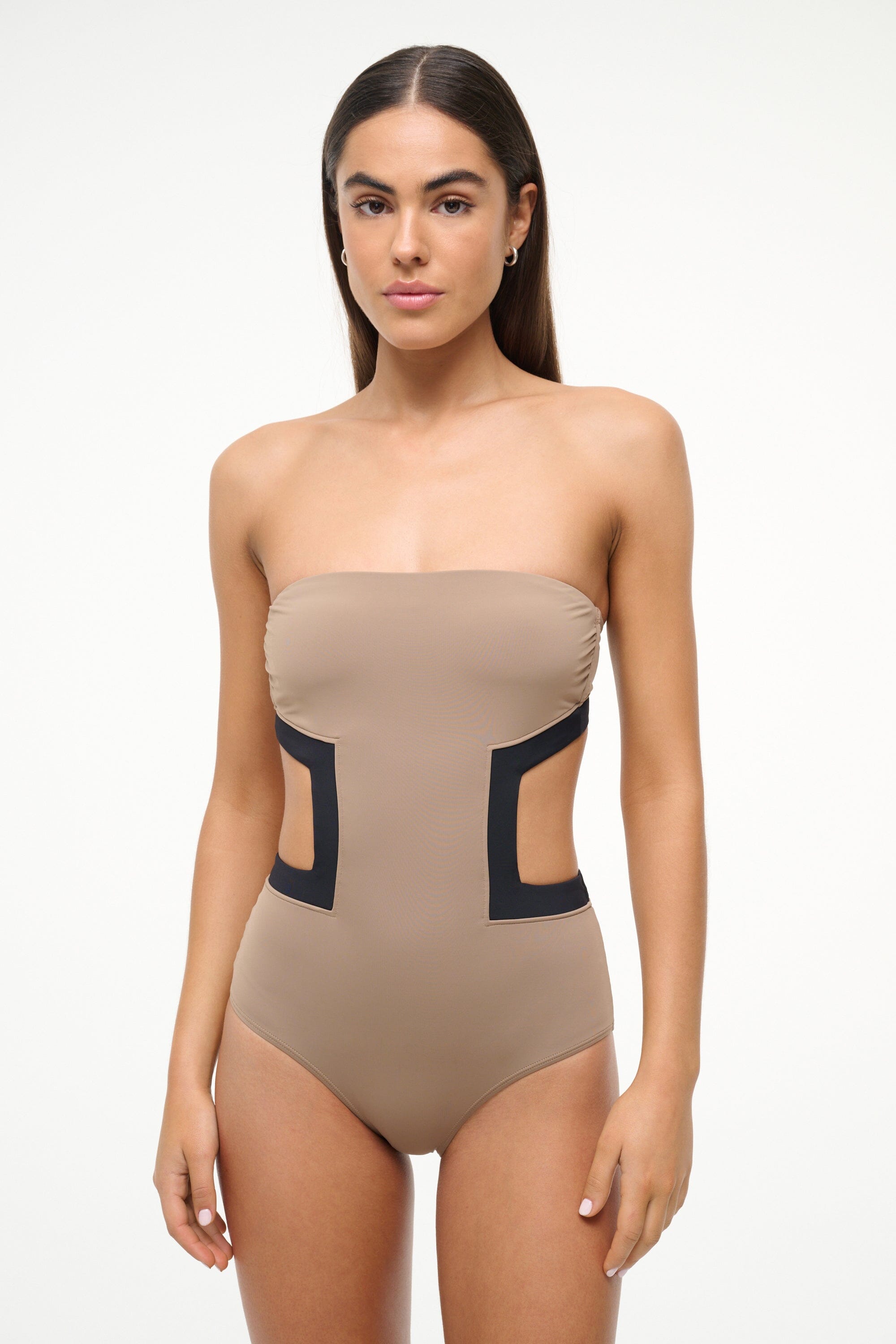One Piece Swimsuit with Geometric Cut-Outs | Haiku Taupe Black