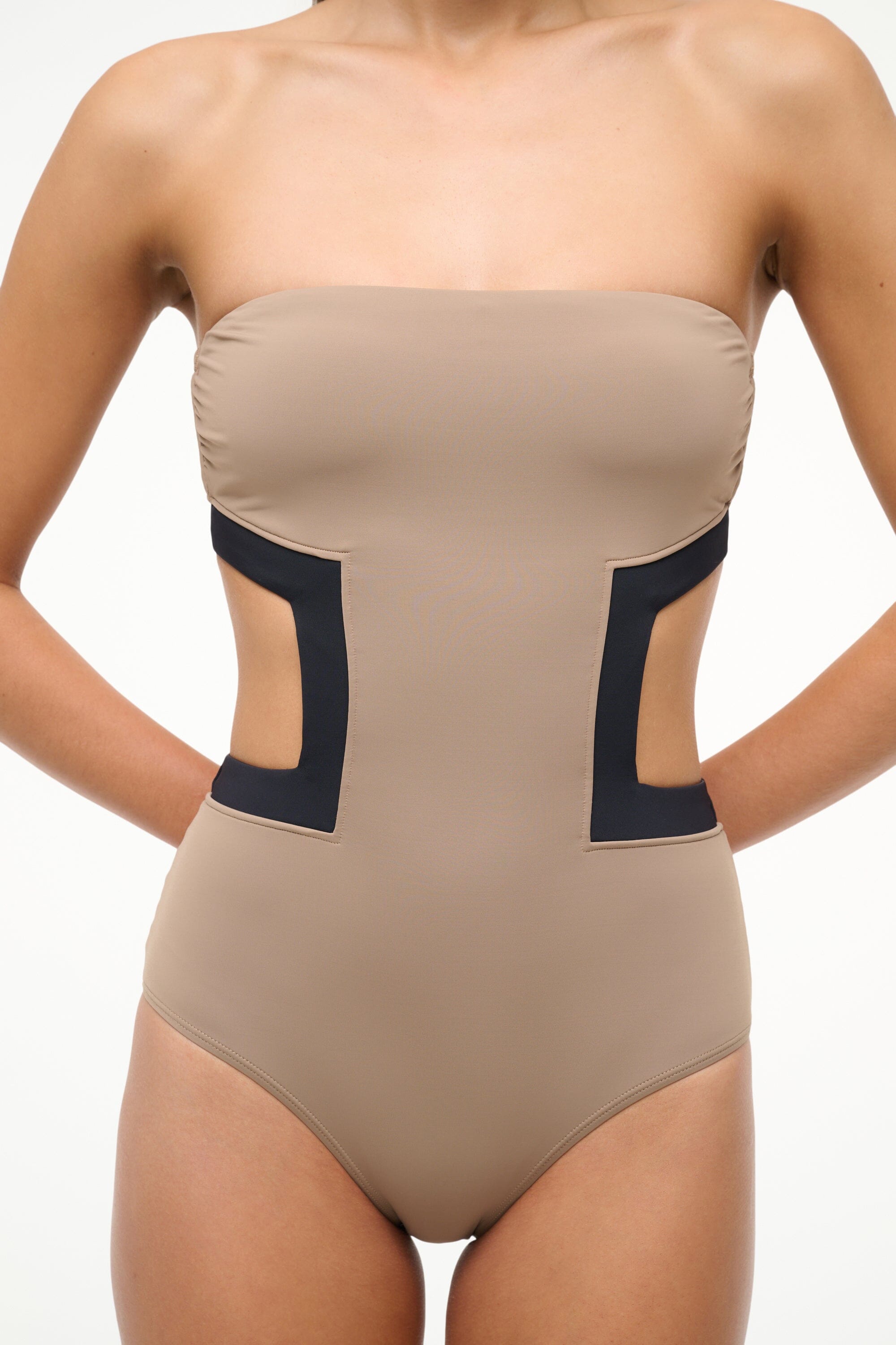 One Piece Swimsuit with Geometric Cut-Outs | Haiku Taupe Black