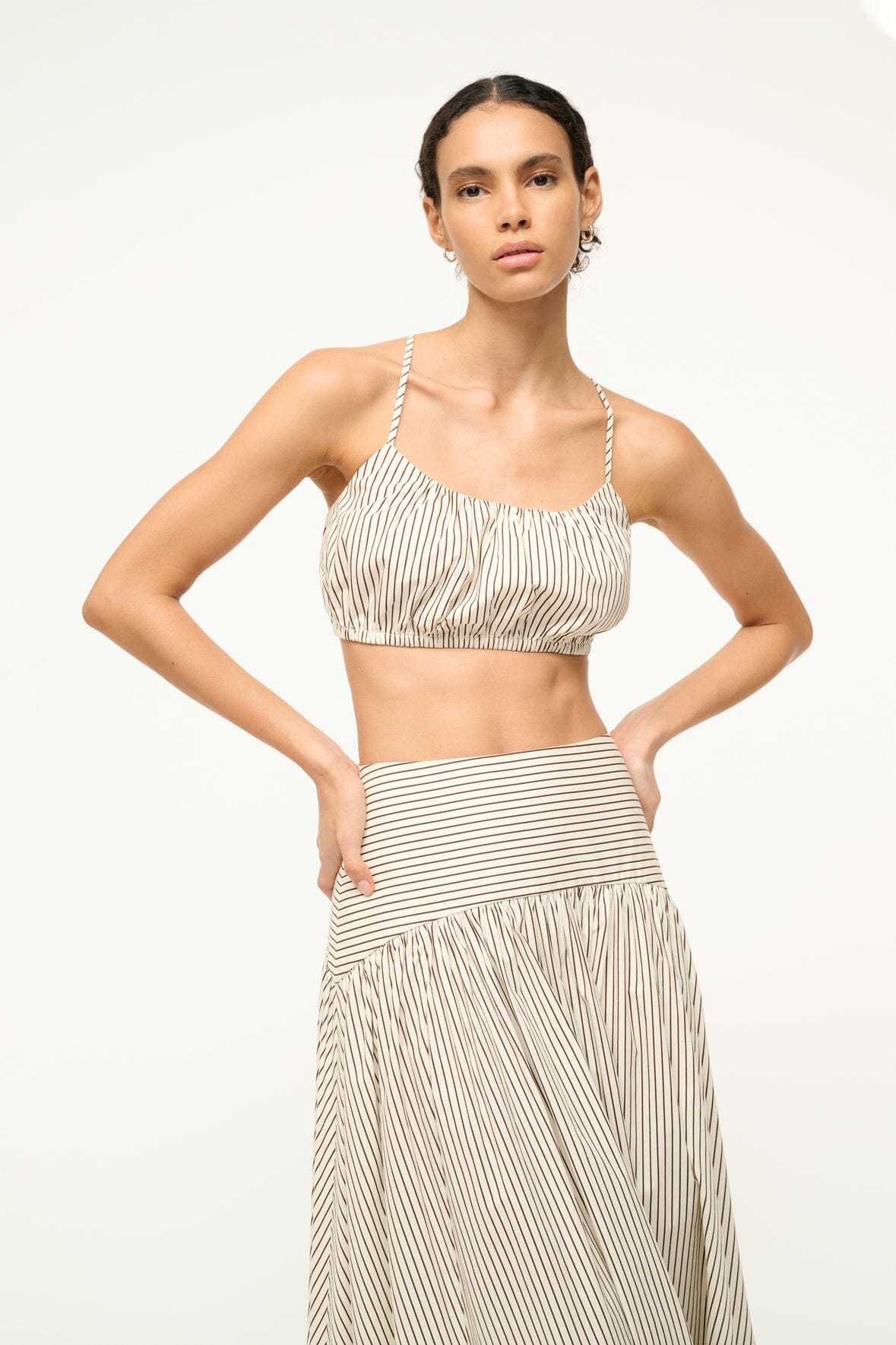 Criss-Cross Strap Bubble Crop Top | Ivory Dark Oak Micro Stripe