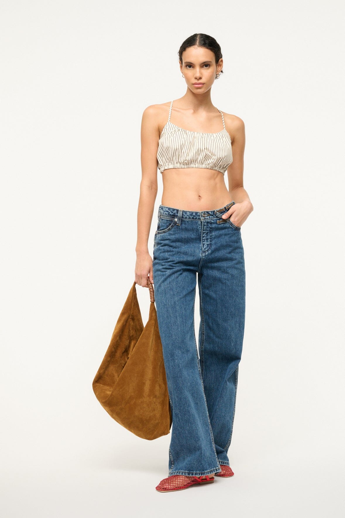 Criss-Cross Strap Bubble Crop Top | Ivory Dark Oak Micro Stripe