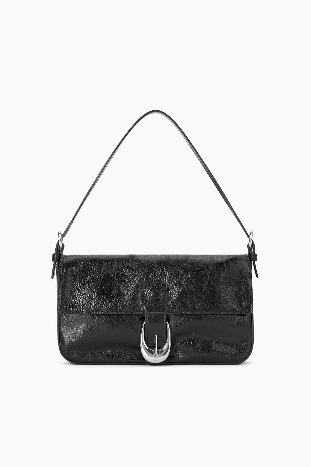 Leather Shoulder Bag with Moon Buckle & Snap Closure | Harlow Black