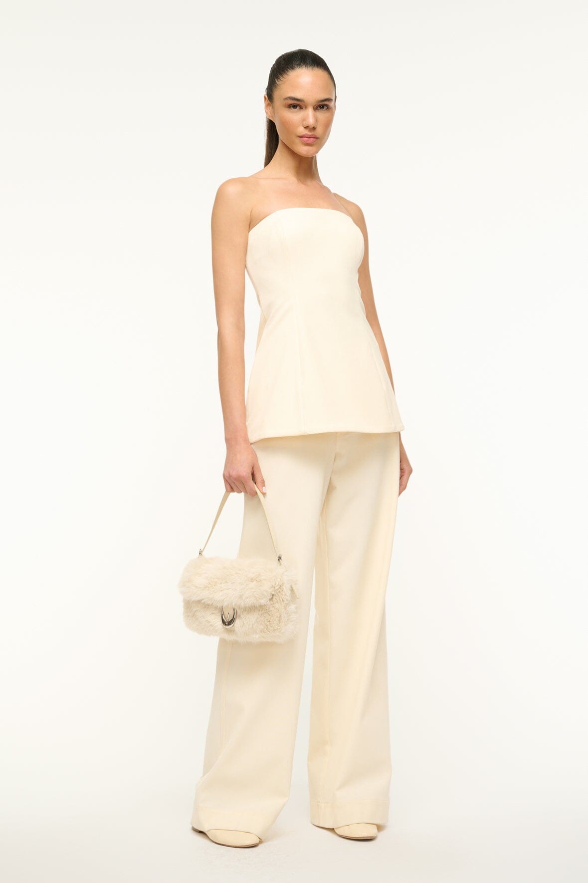 Faux Fur Shoulder Bag with Moon Buckle & Snap Closure | Harlow Cream