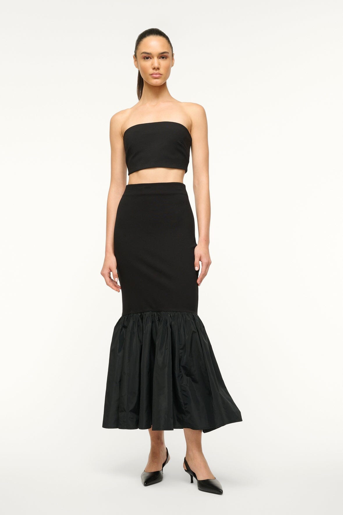 High-Rise Maxi Skirt with Taffeta Ruffle Tier | Hawthorne Black