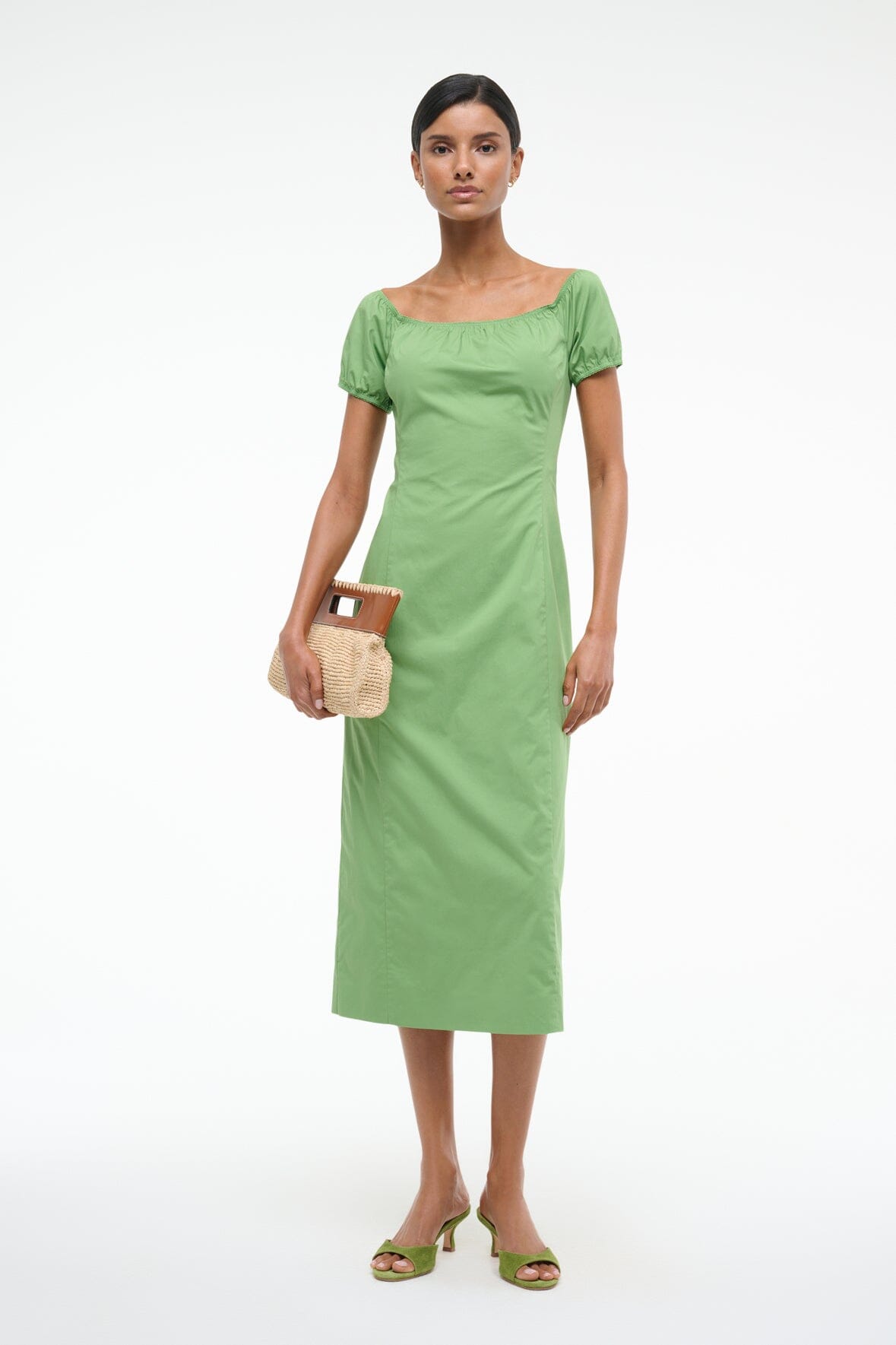 Off-Shoulder Midi Dress with Back Slit & Zip Closure | Helene Leaf