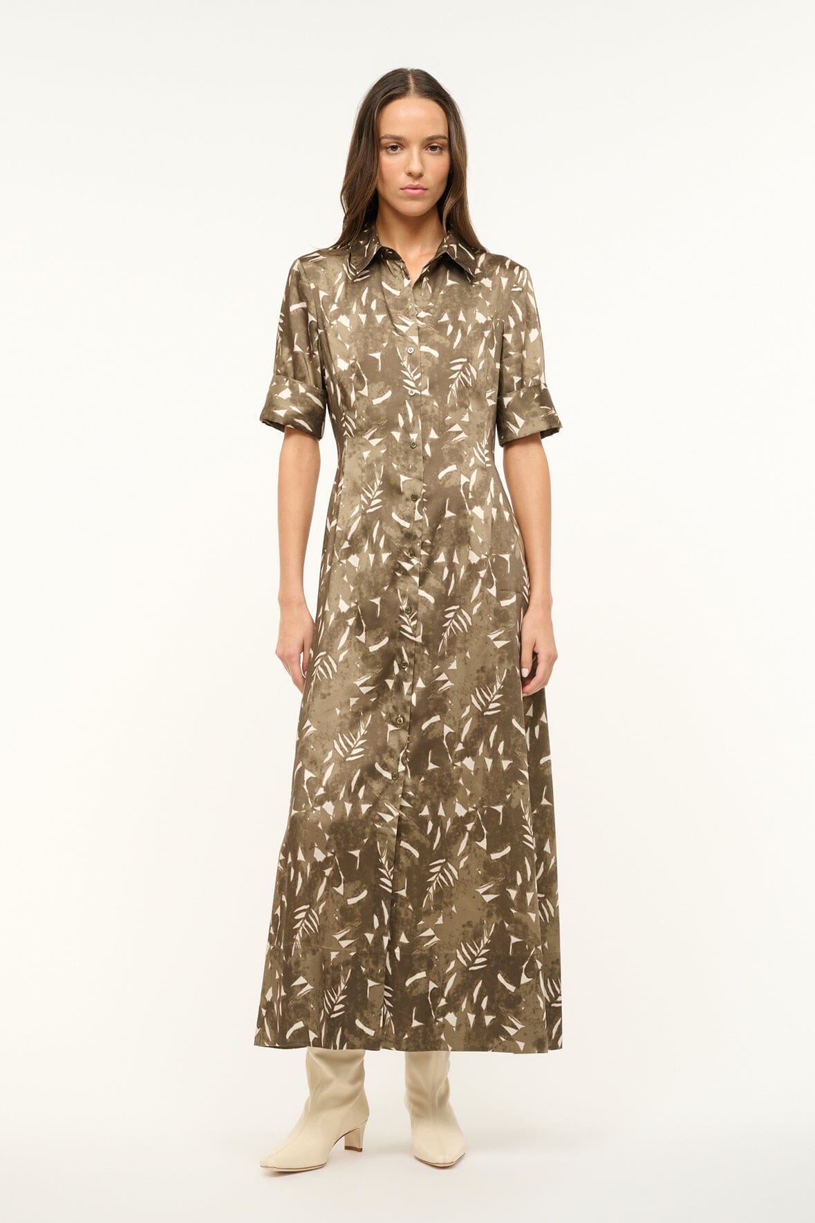 Printed Satin Shirtdress with Cuffed Sleeves | Joan Maxi Dress