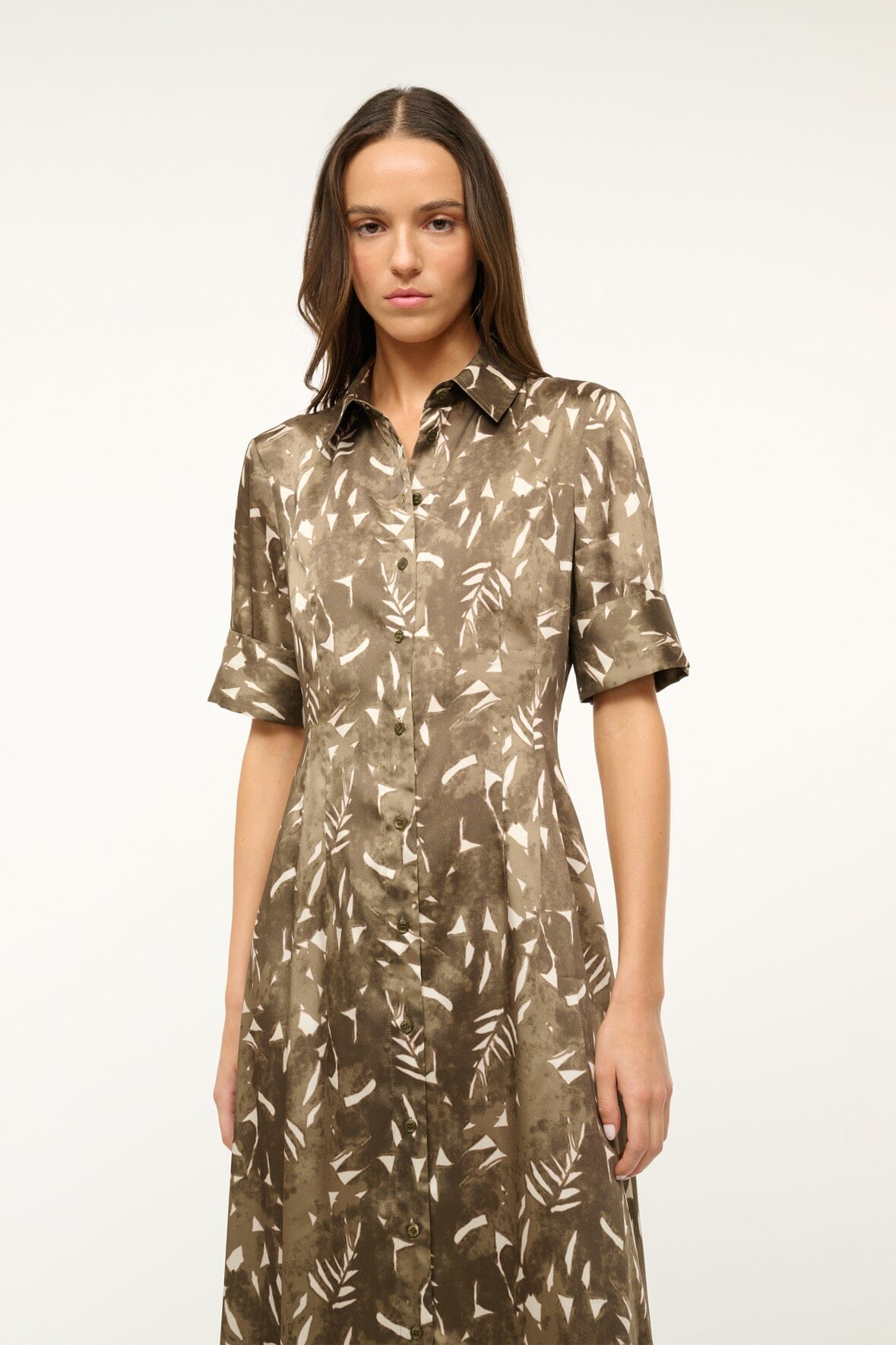 Printed Satin Shirtdress with Cuffed Sleeves | Joan Maxi Dress