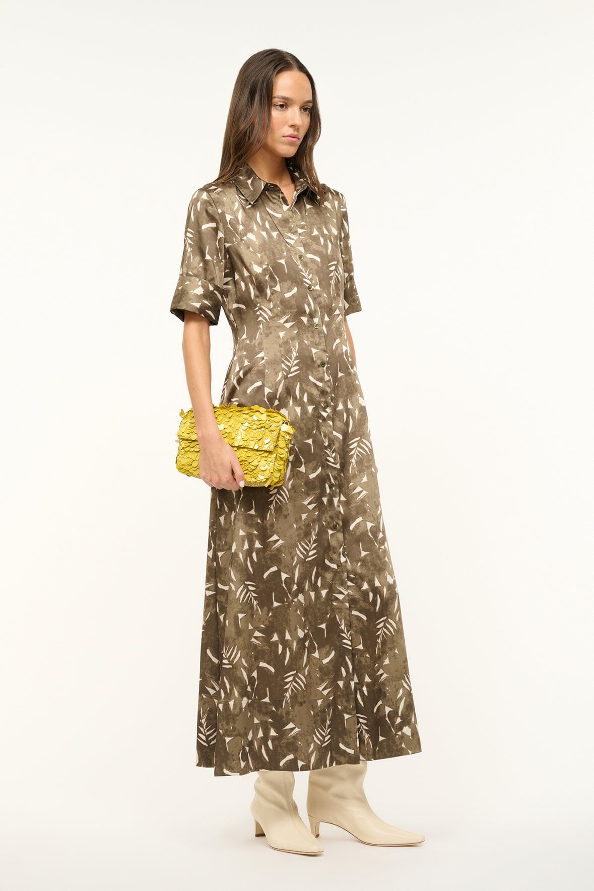 Printed Satin Shirtdress with Cuffed Sleeves | Joan Maxi Dress