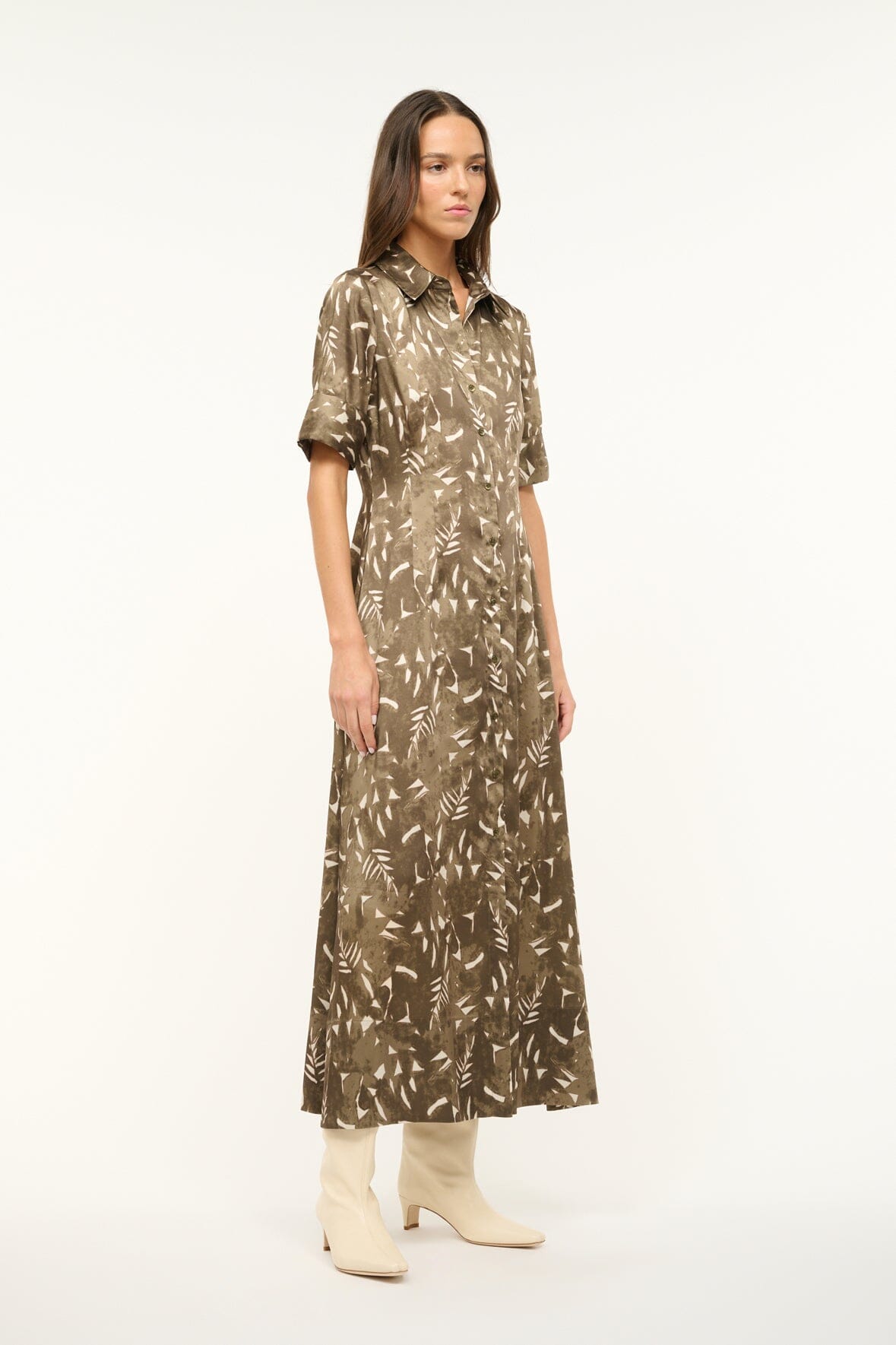 Printed Satin Shirtdress with Cuffed Sleeves | Joan Maxi Dress
