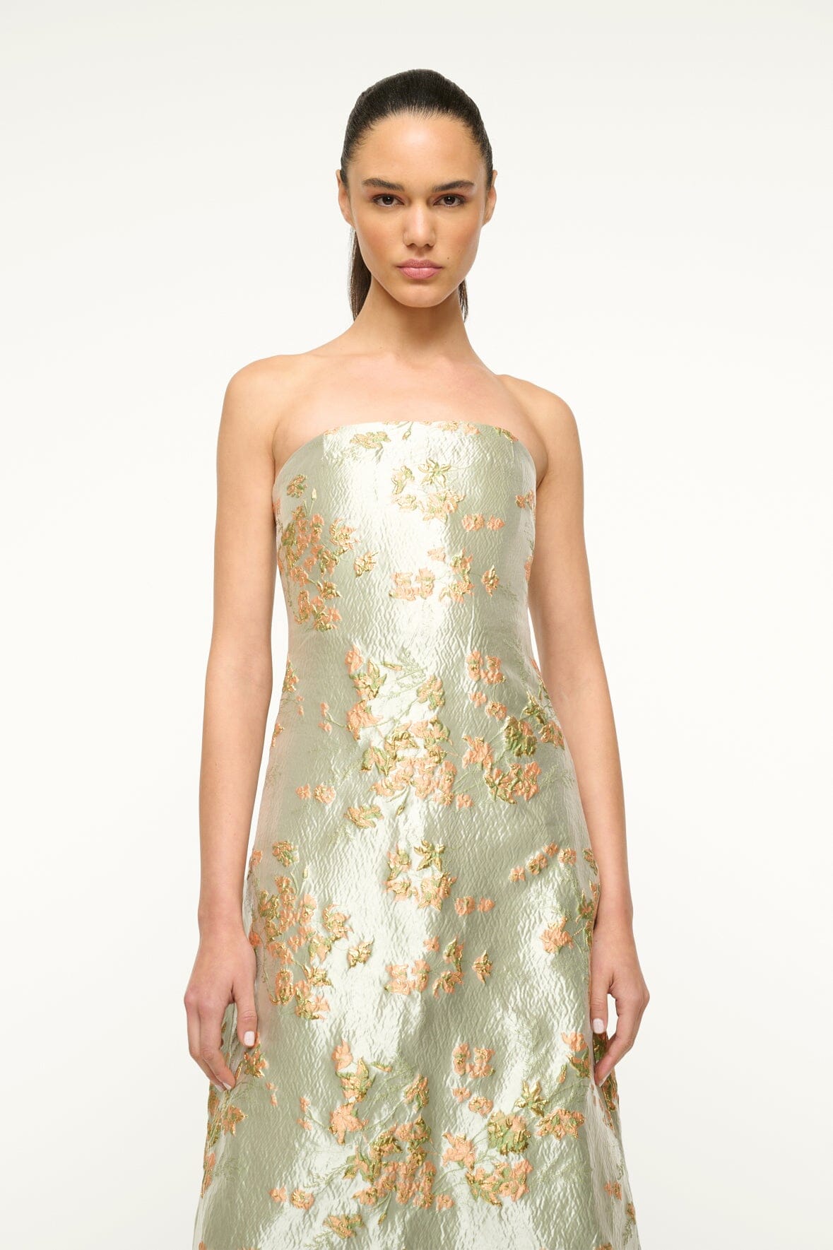 Strapless Midi Gown with Corset & Pleated Train | Kennedy Dress