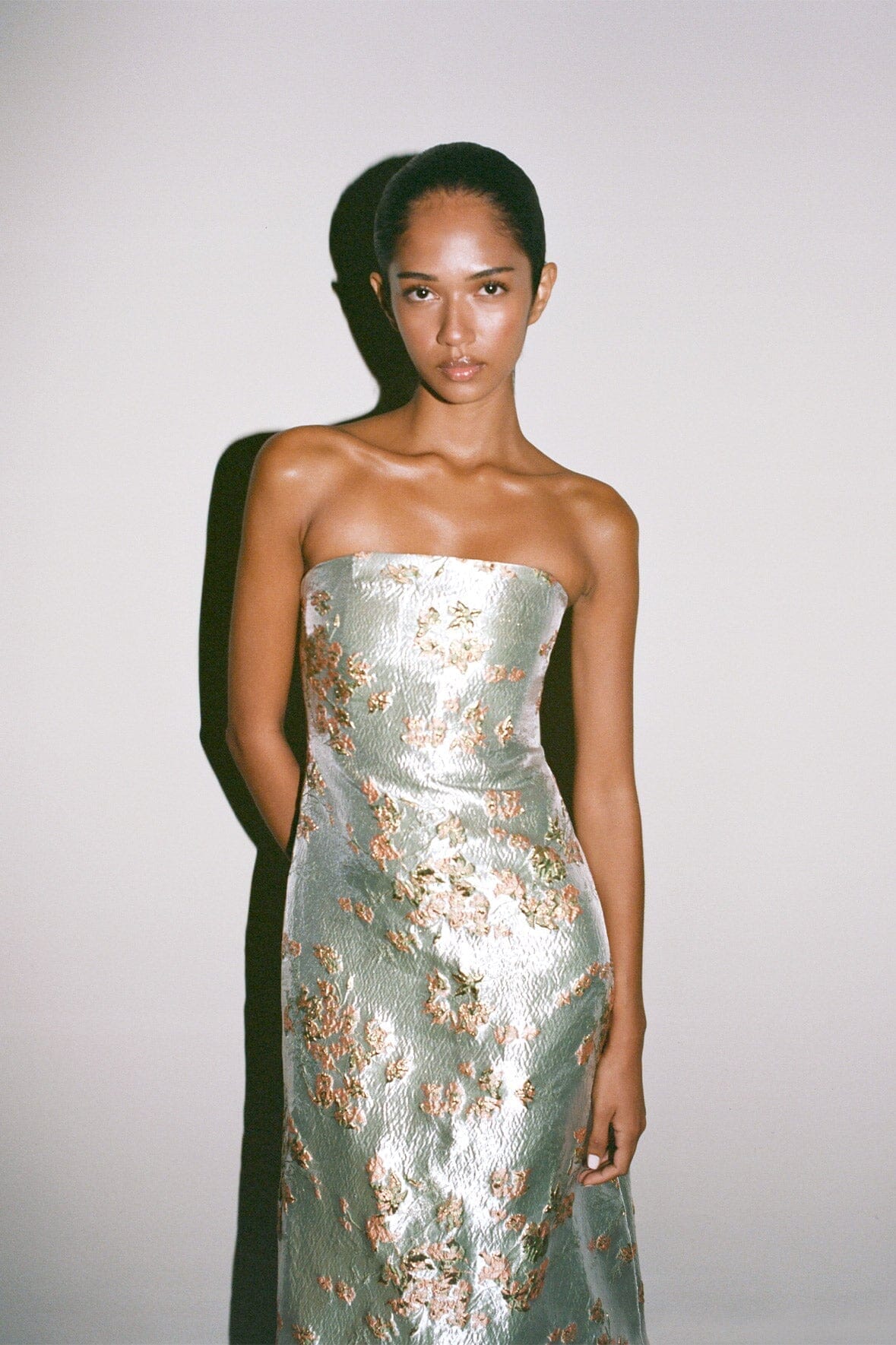 Strapless Midi Gown with Corset & Pleated Train | Kennedy Dress