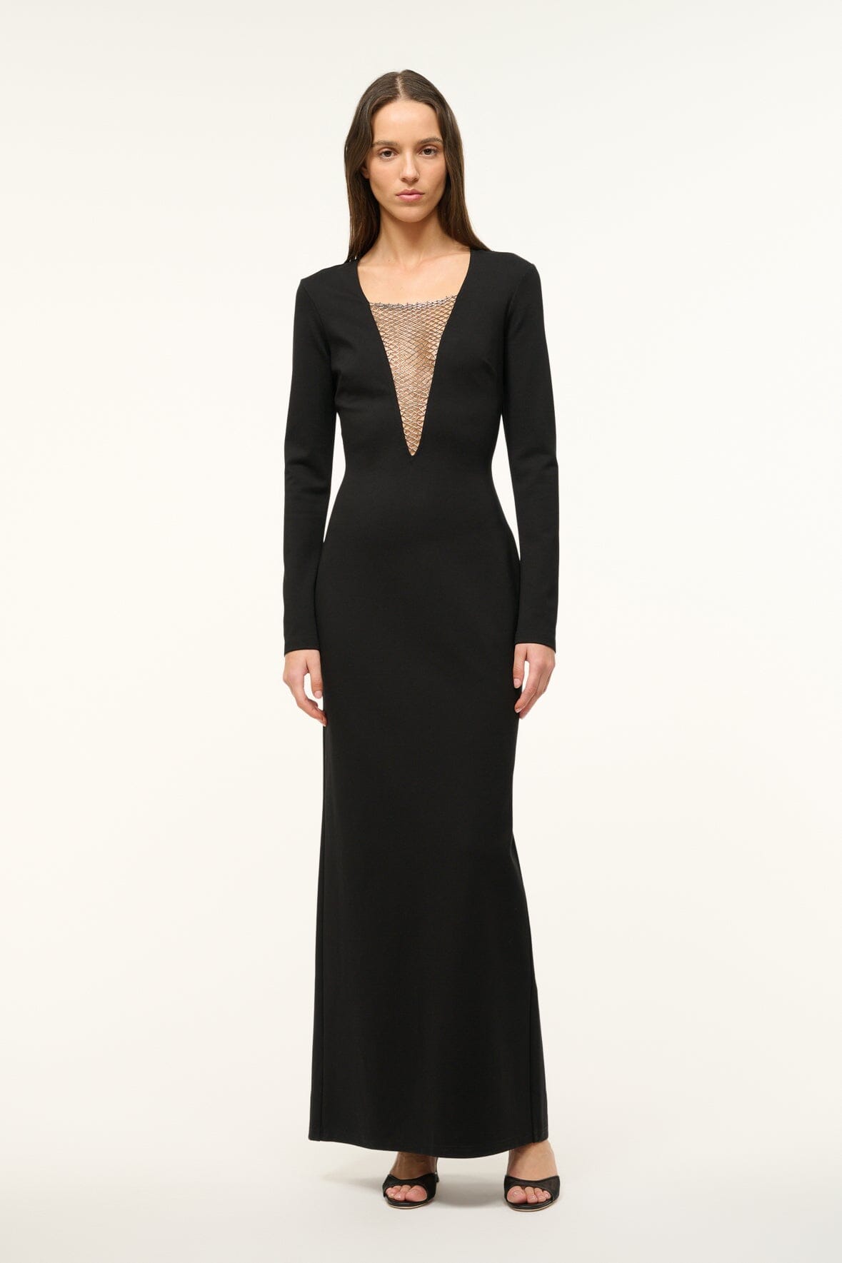 Black Maxi Dress with Beaded V-Neck & Long Sleeves | Kris