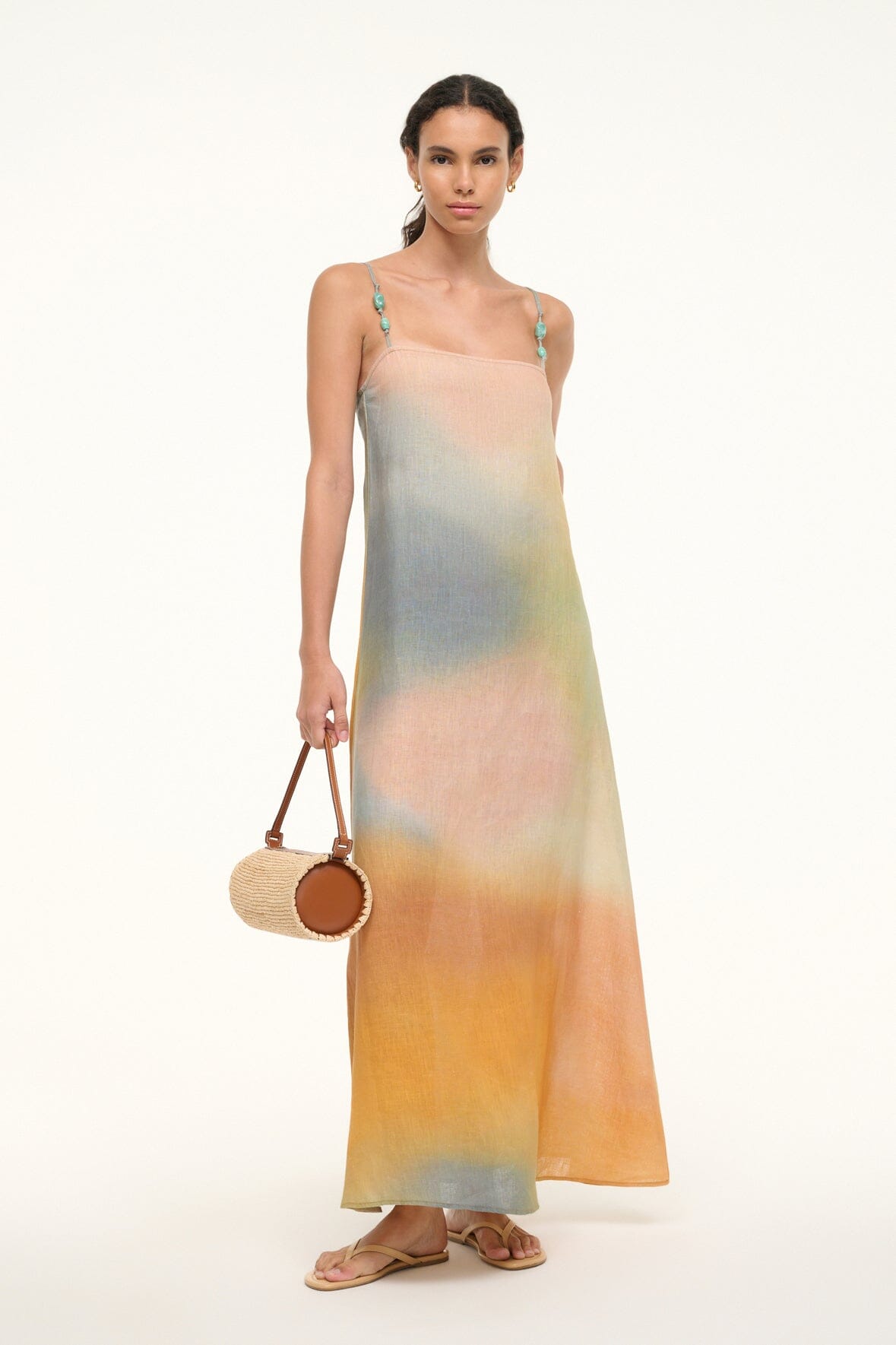 Linen Maxi Dress with Beaded Straps & Spring Print | Pastel Clouds