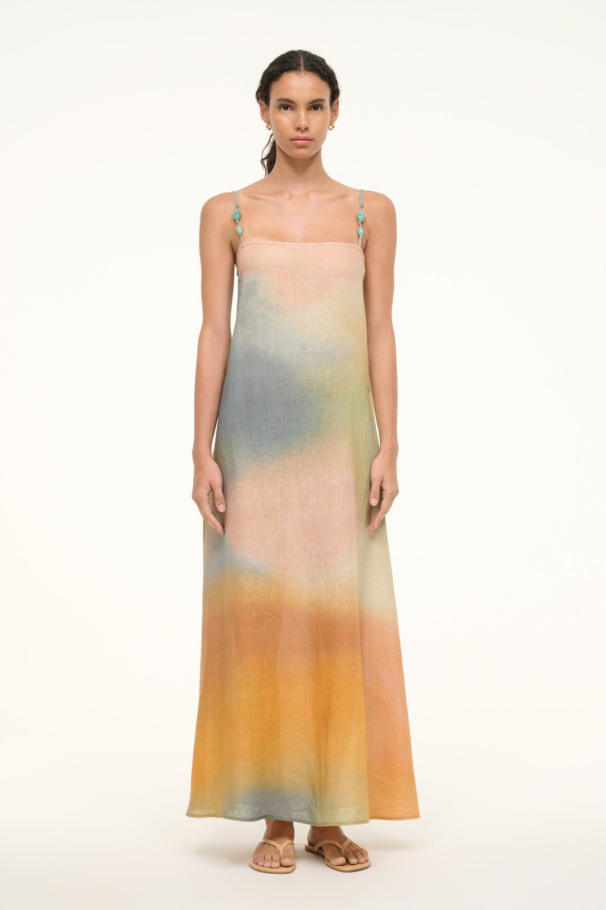 Linen Maxi Dress with Beaded Straps & Spring Print | Pastel Clouds