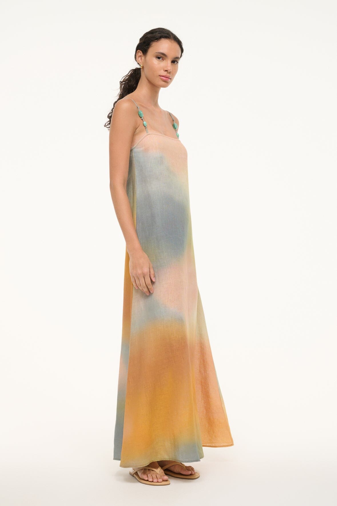 Linen Maxi Dress with Beaded Straps & Spring Print | Pastel Clouds