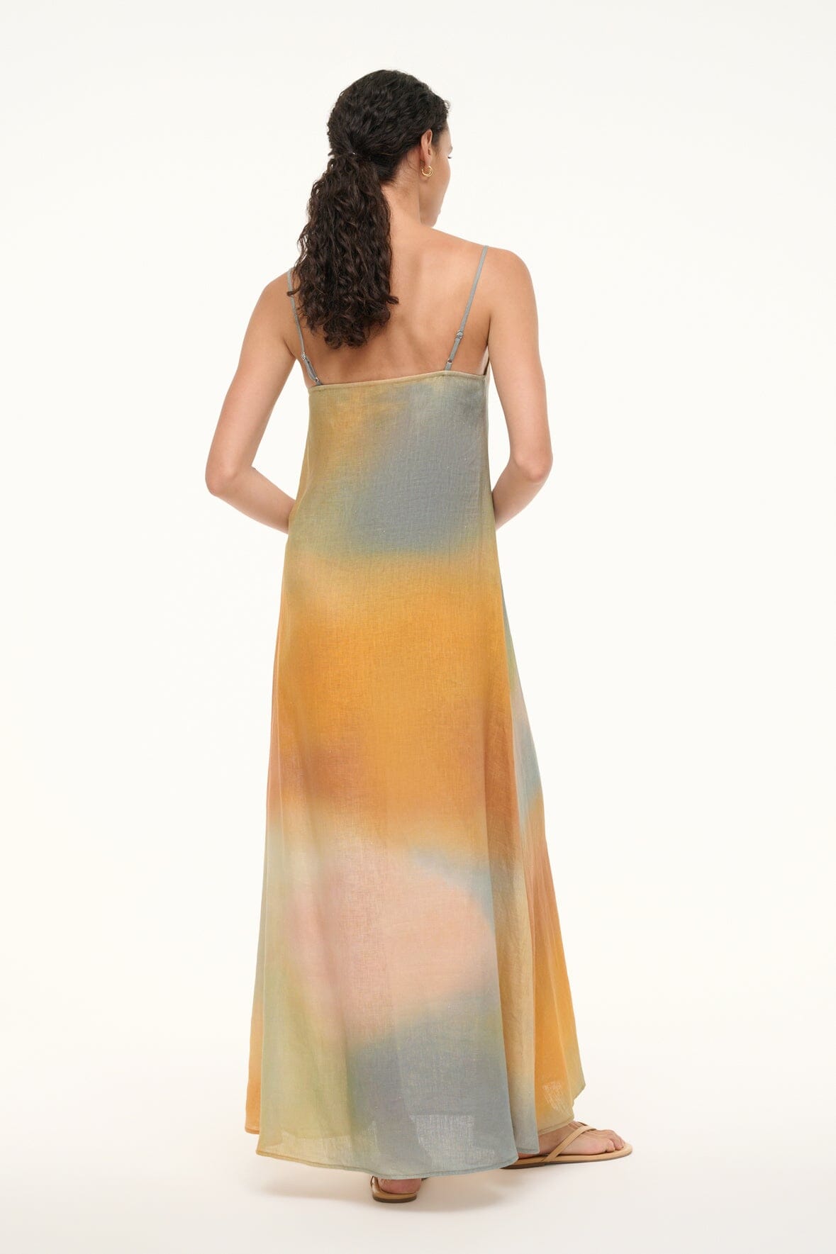 Linen Maxi Dress with Beaded Straps & Spring Print | Pastel Clouds