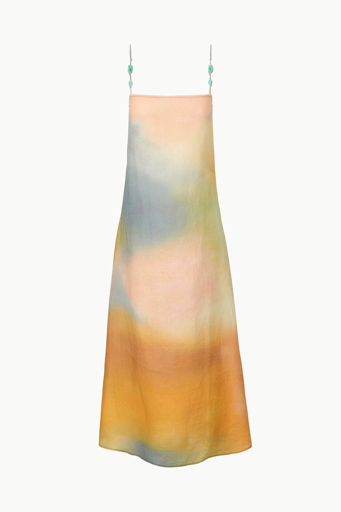 Linen Maxi Dress with Beaded Straps & Spring Print | Pastel Clouds