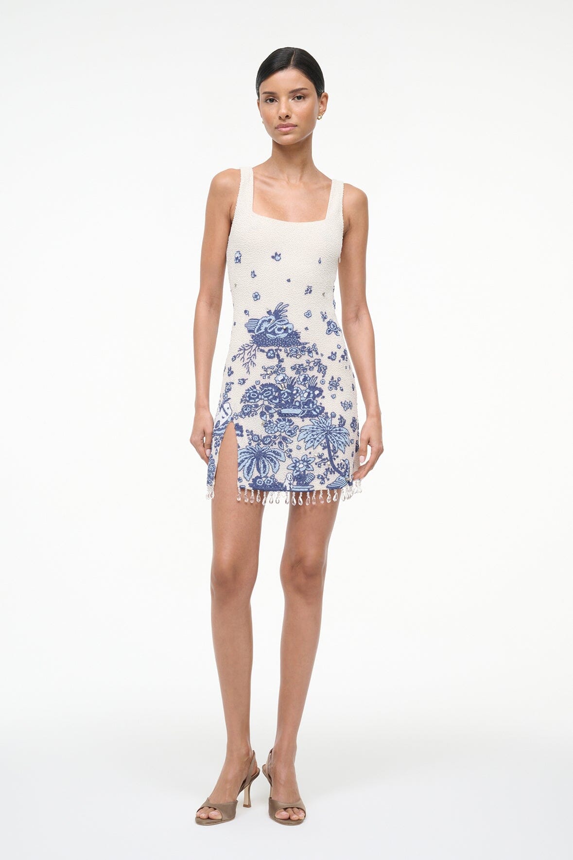 Hand-Beaded Mini Dress with Crystal Fringe | Le Sable Blue Toile