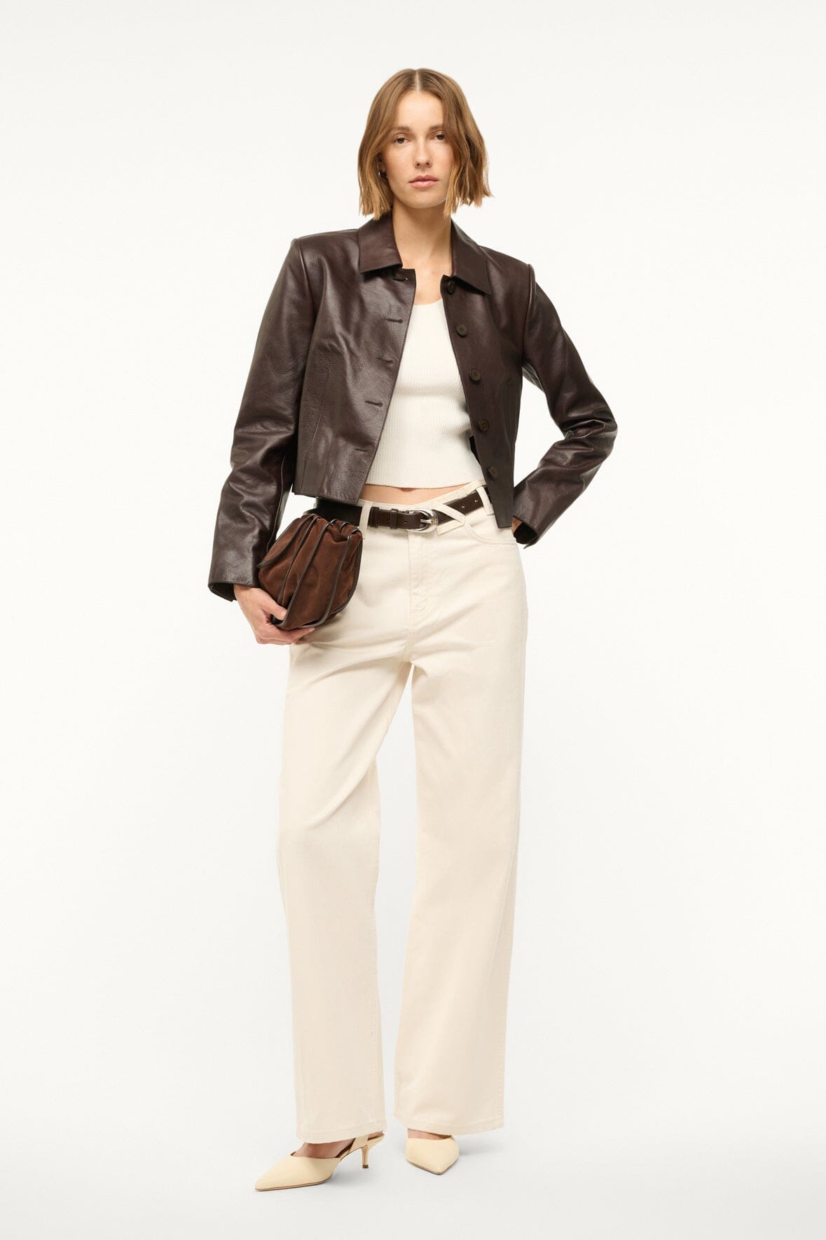 Cropped Calfskin Leather Jacket with Button Closure | Tiramisu