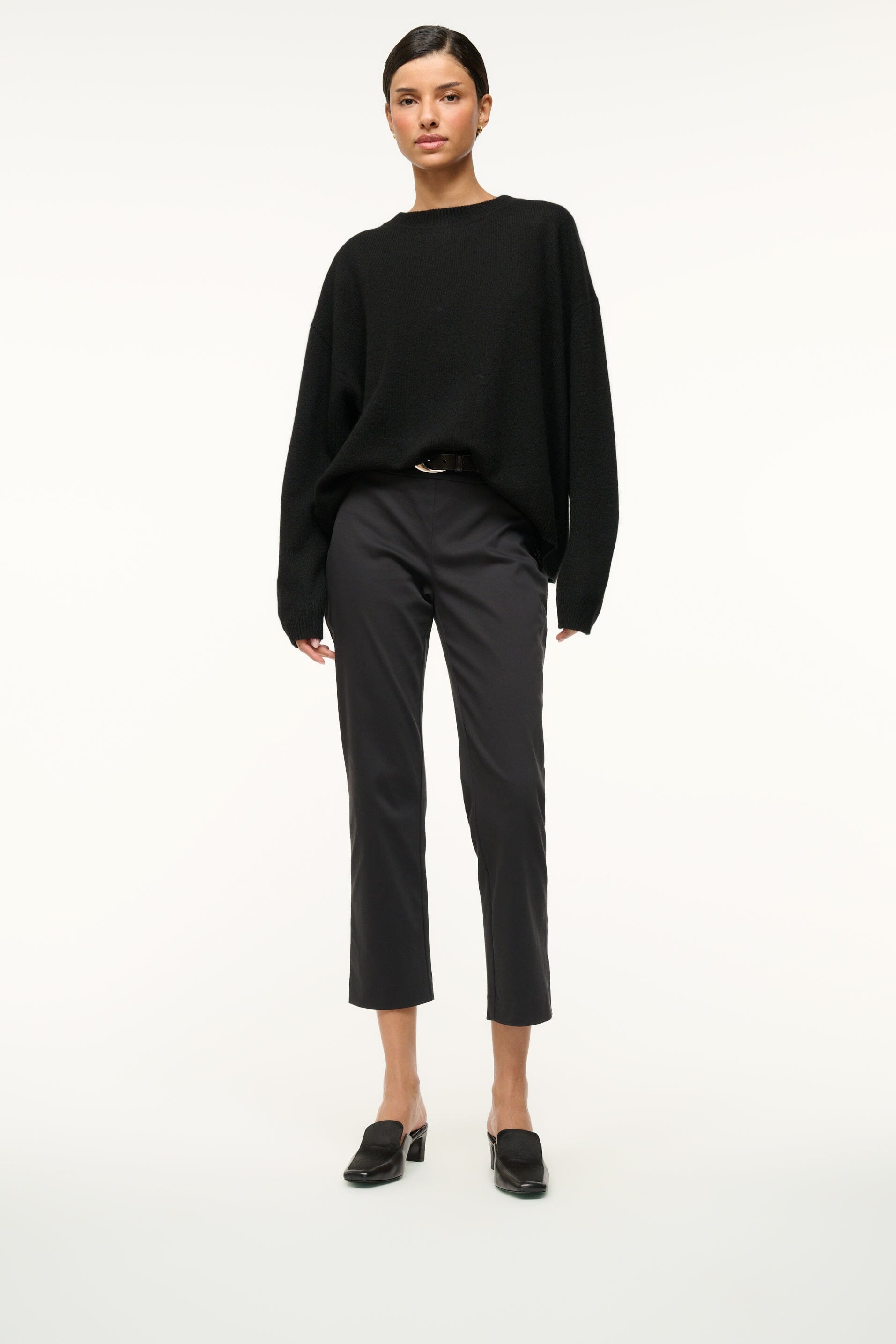 Black Heeled Loafer Mule with Satin & Leather Upper | Lee