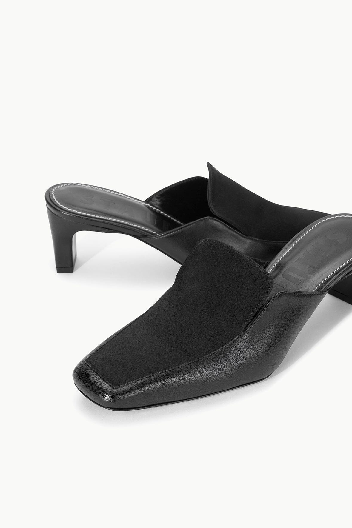 Black Heeled Loafer Mule with Satin & Leather Upper | Lee