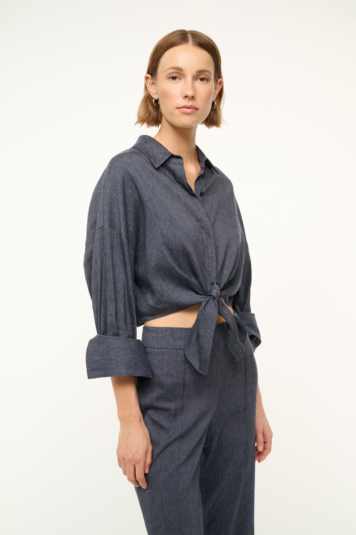 Cropped Linen Button Down Shirt with Front Tie | Lisa Top