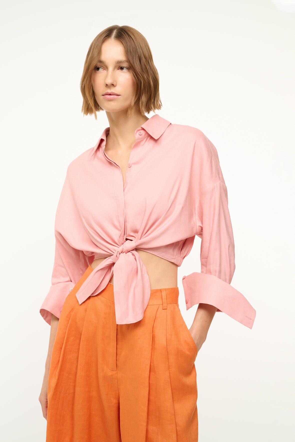 Cropped Linen Button-Down Top with Tie Detail | Lisa Blush