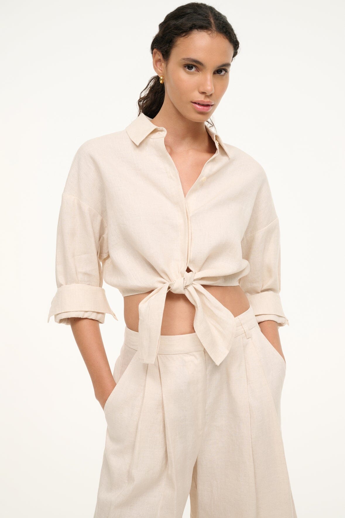 Linen Cropped Button Down Shirt with Tie Detail | Lisa Top