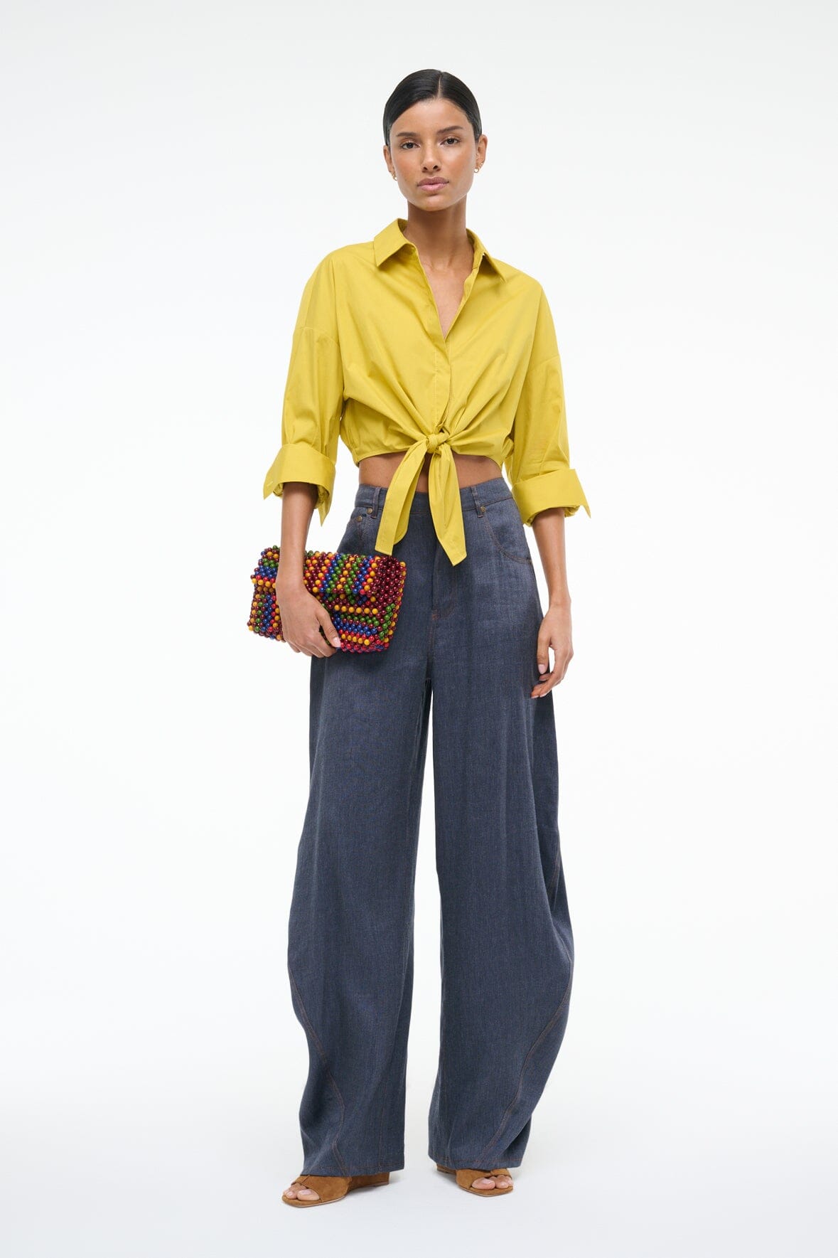 Cropped Button Down Shirt with Tie & Elastic Waist | Lisa Top