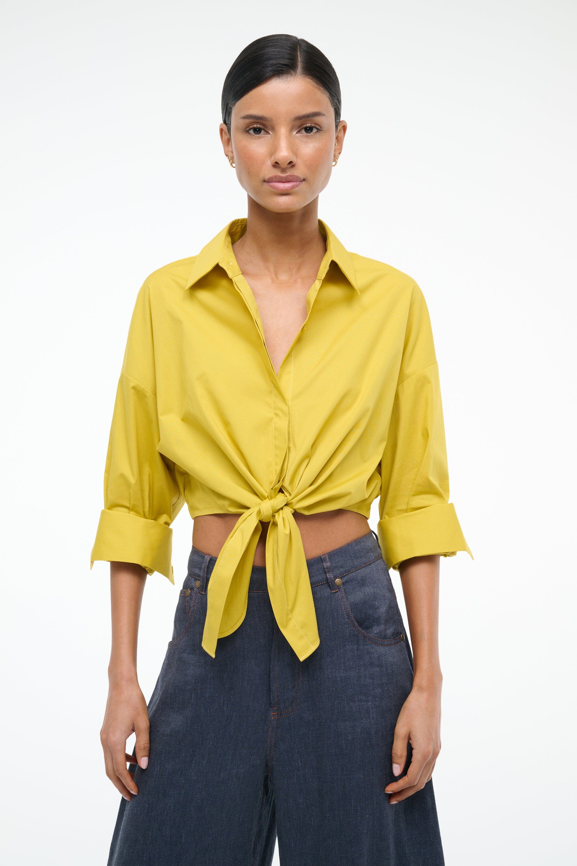 Cropped Button Down Shirt with Tie & Elastic Waist | Lisa Top