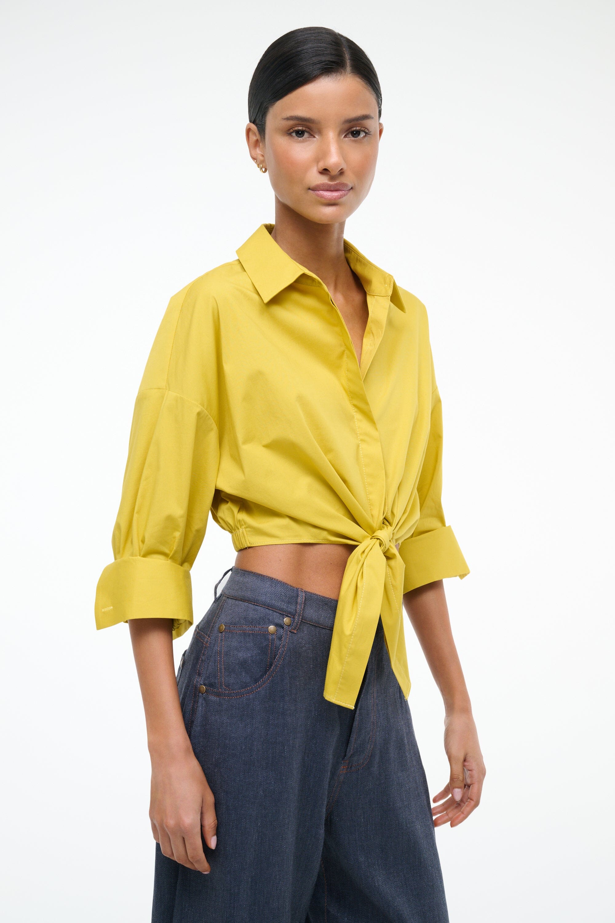 Cropped Button Down Shirt with Tie & Elastic Waist | Lisa Top