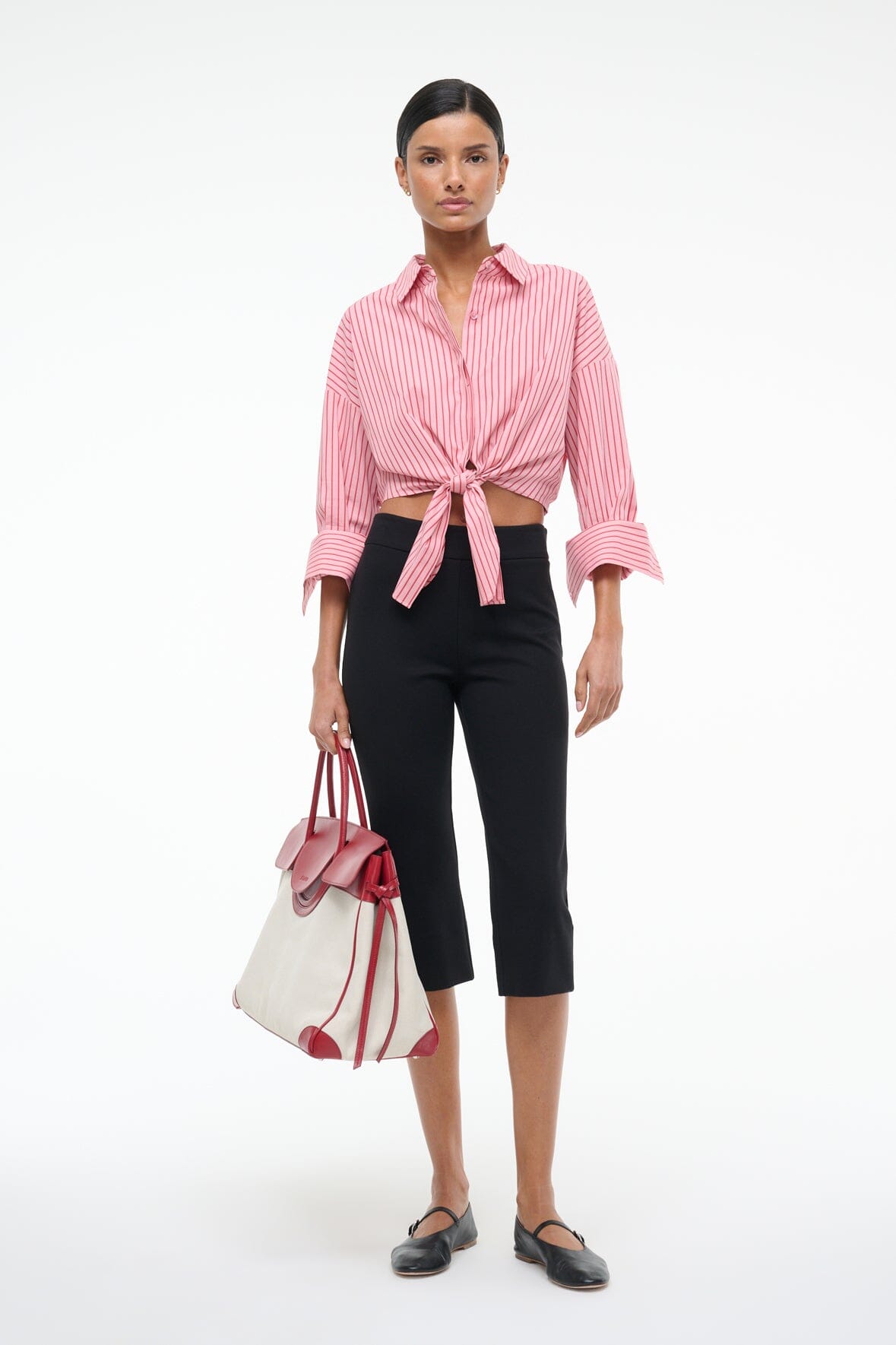 Cropped Button Down Shirt with Tie & Elastic Waistband | Montauk Stripe