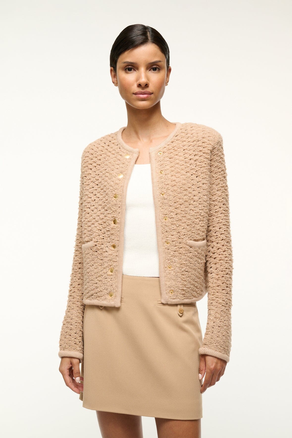 Camel Boxy Knit Jacket with Metal Buttons | Lisson