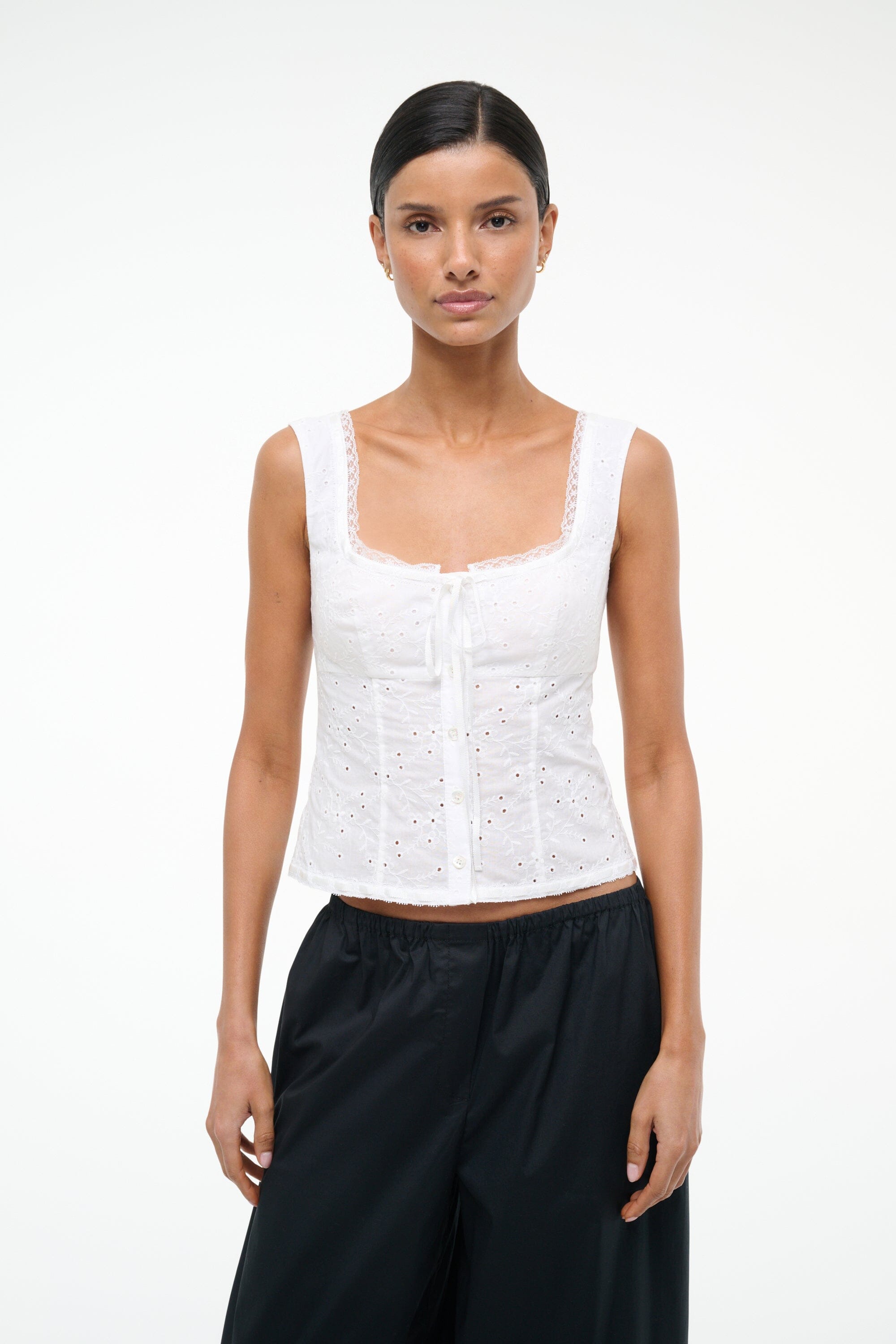 White Cotton Eyelet Top with Corset Seaming & Lace Trim | Lou Top