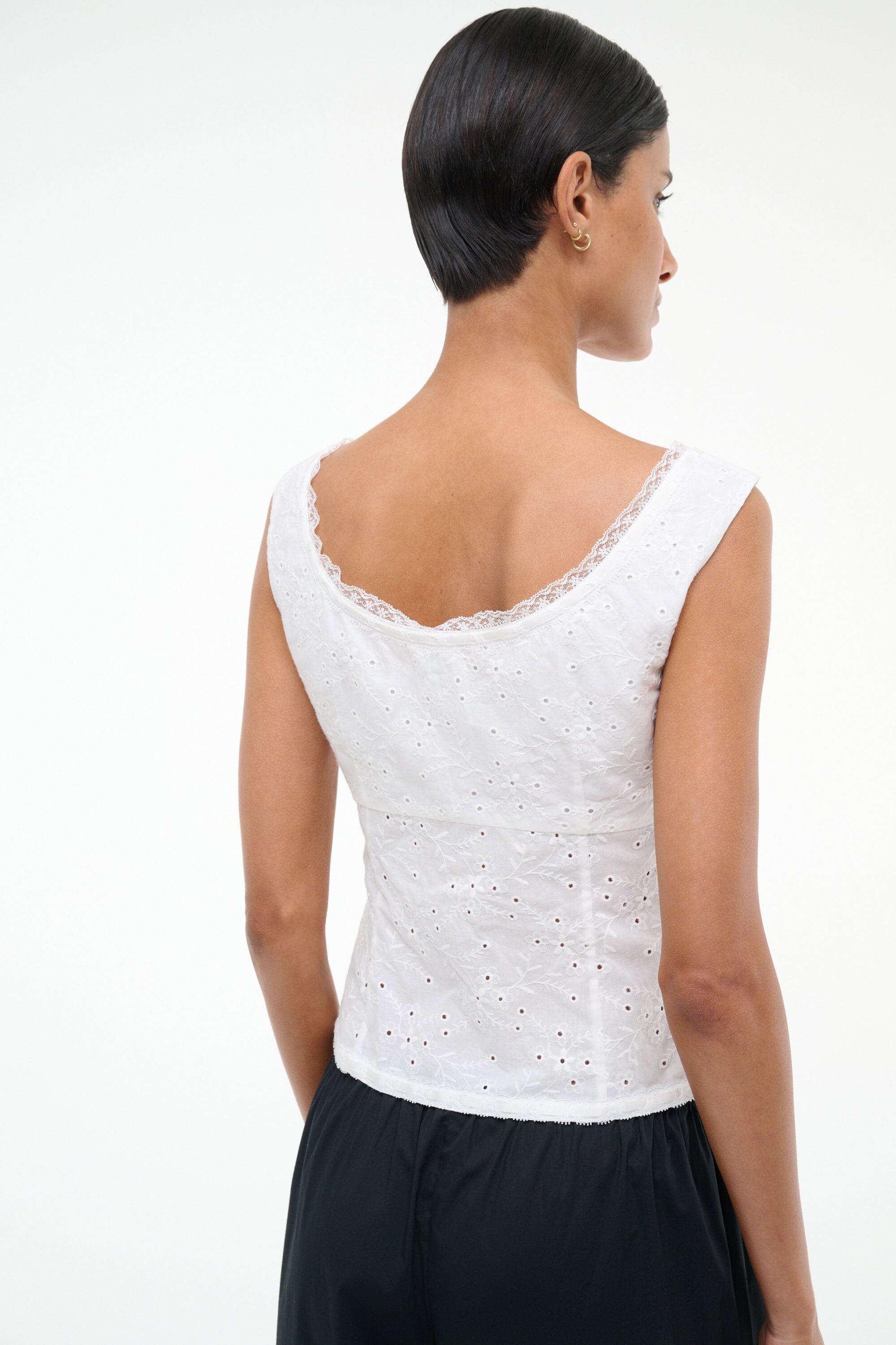 White Cotton Eyelet Top with Corset Seaming & Lace Trim | Lou Top