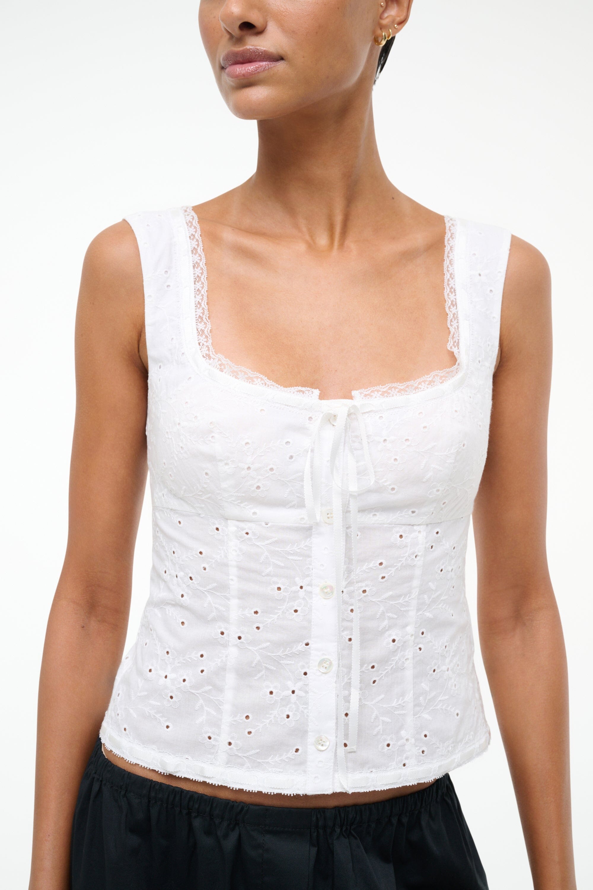 White Cotton Eyelet Top with Corset Seaming & Lace Trim | Lou Top