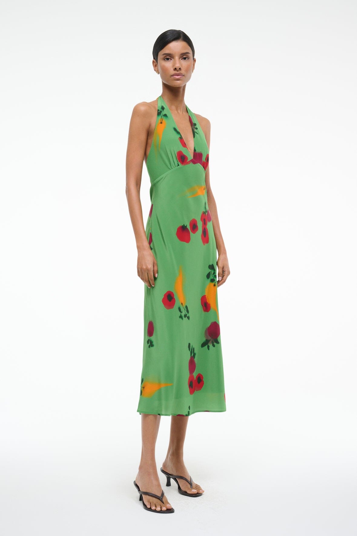 Silk Halter V-Neck Dress with Back Tie | Lucca Farmers Market Leaf